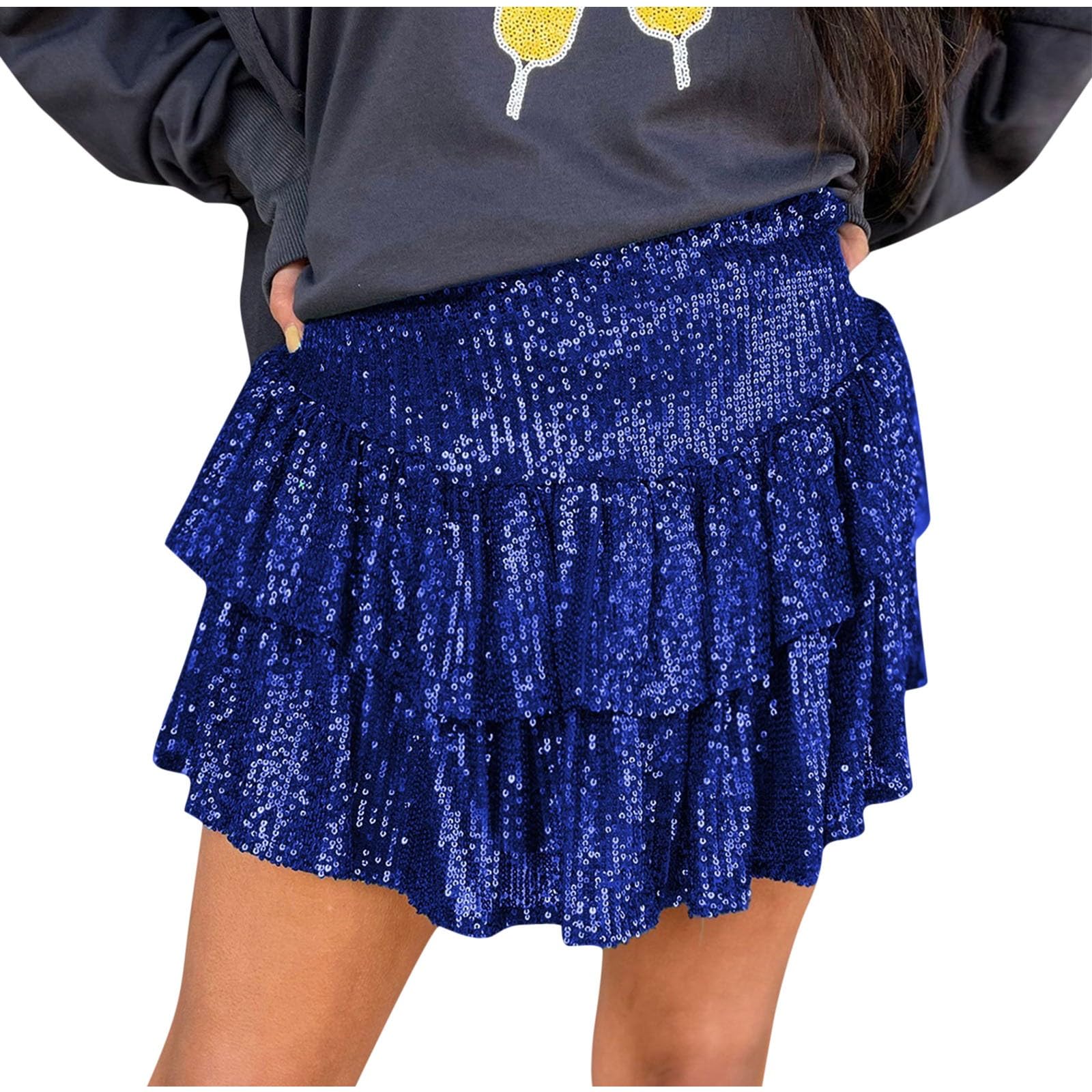 Womens Sequin Skirt Sparkly Cute High Waist Ruffle Flowy Shiny Glitter Mini Short Skirts Night Out Club Party