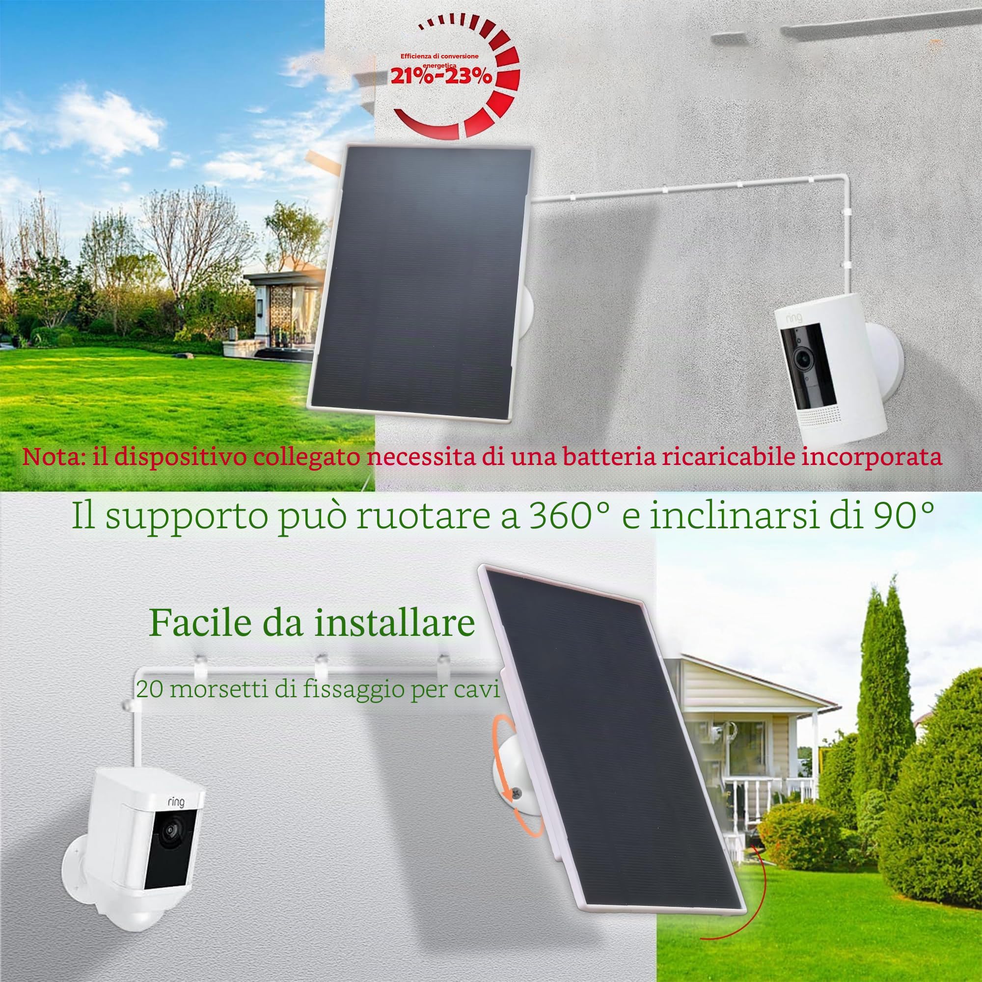 Pannello solare da 3W/5V con batteria integrata da 6000mAh, porte DC/USB-C/Micro USB, ricarica multi-dispositivo, compatibile con Ring, eufy, Reolink, Blink e altre telecamere, nonché dispositivi a