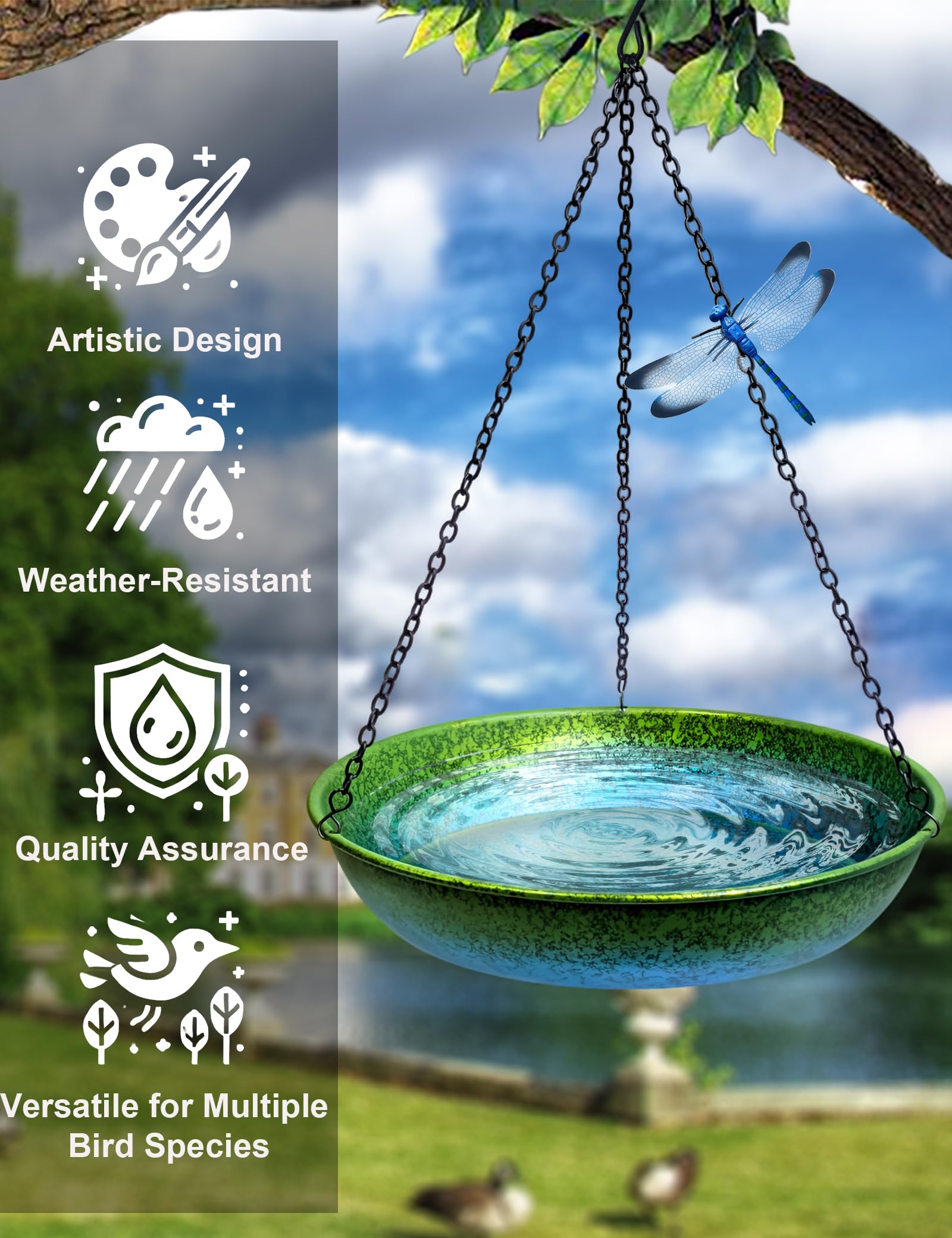 Baño colgante para pájaros para exteriores, comedero colgante de metal, comedero para pájaros, pintado a mano, degradado azul y verde, 11 pulgadas, para que los pájaros se bañen y beban para patio