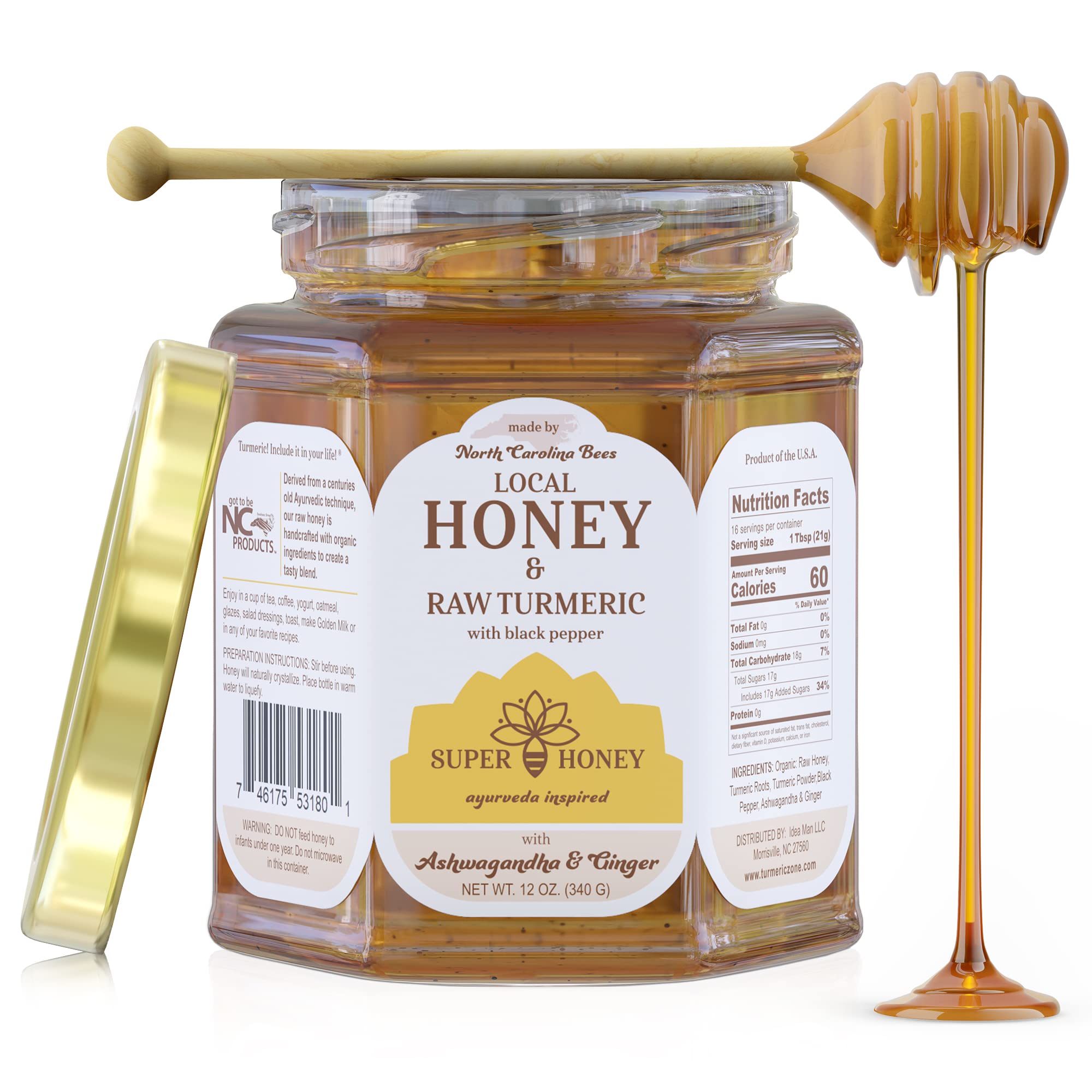 SUPER HONEY North Carolina Honey with Turmeric, Black Pepper and Ashwagandha, Ayurveda Inspired 100% Pure Raw Honey, Unfiltered and Naturally Delicious - 12oz. Glass Jar