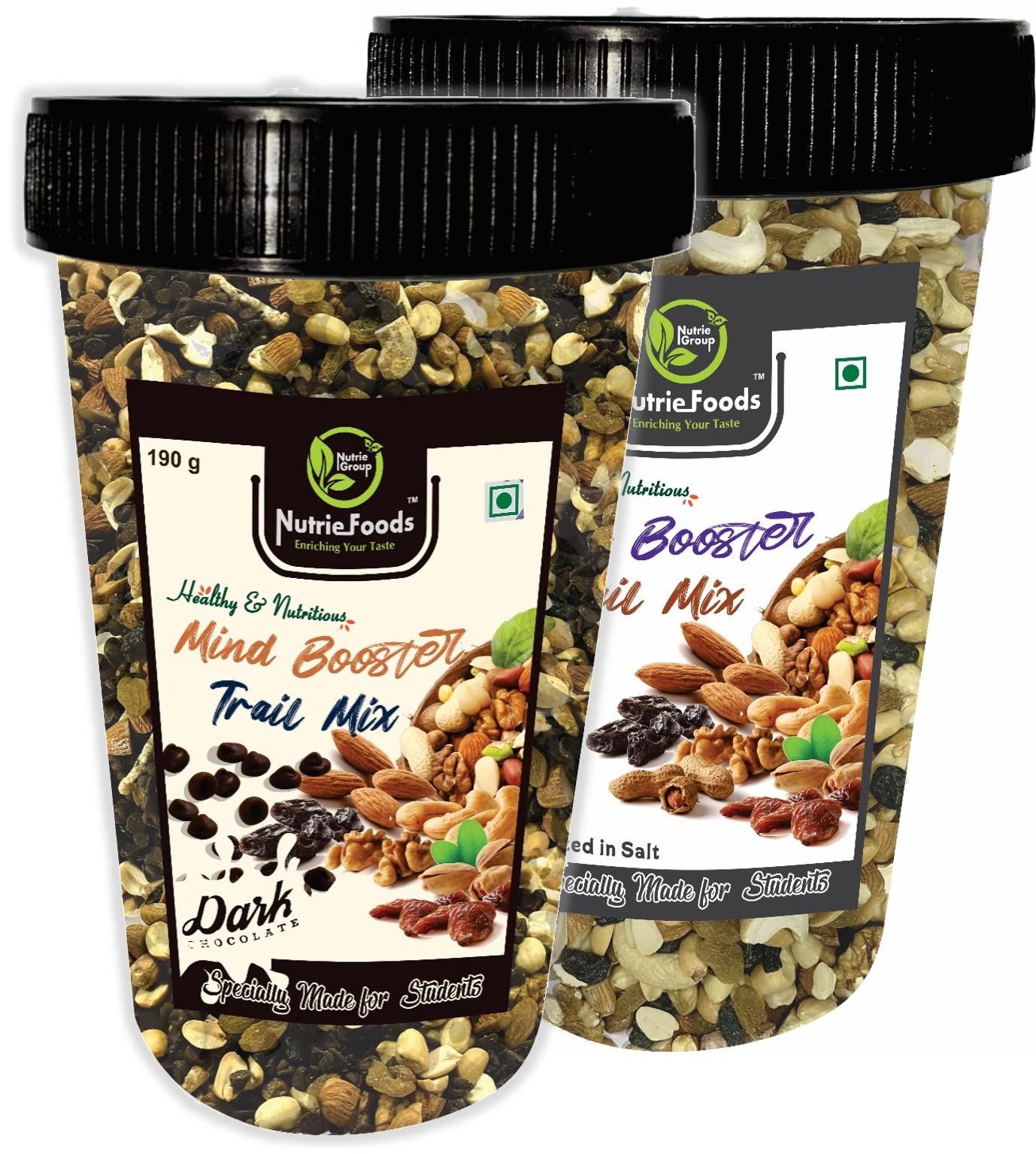 Nutritious Mind Booster Roasted Snacks Trail Mix | Blend of Dried Fruits & Nuts | In Reusable Plastic Glass | Combo Pack of Classic- Roasted in Salt & Dark Chocolate Chips (380g)
