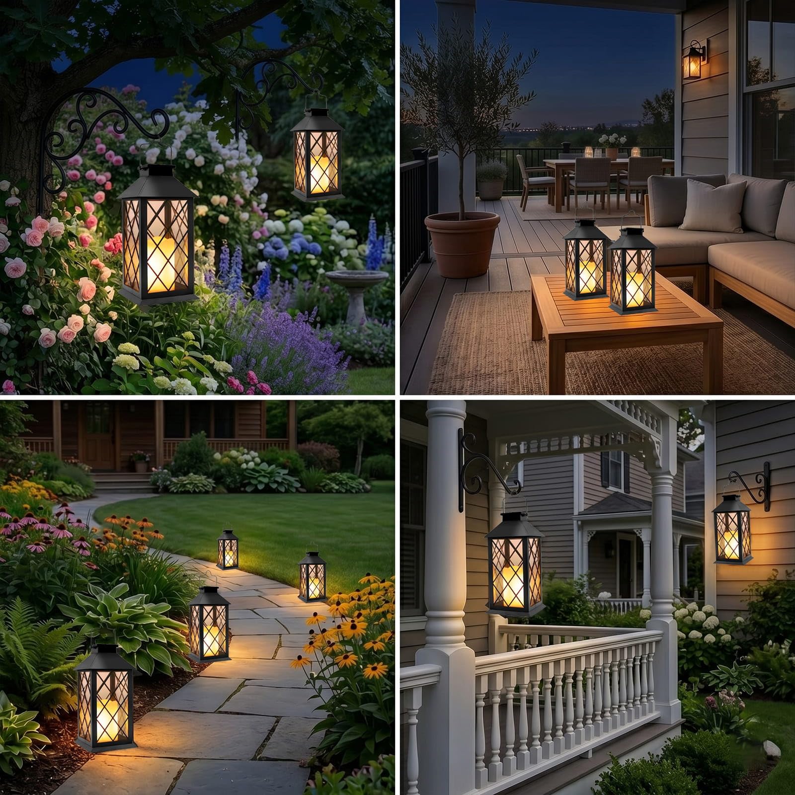 Yowin Lanterne da Esterno 2 Pezzi 22cm Grande Lanterna Solare da Giardino con Candele Tremolante, Vetro Temperato, Lampada Solari da Appendere Impermeabile Lampade da Tavolo per Balconi - Nero
