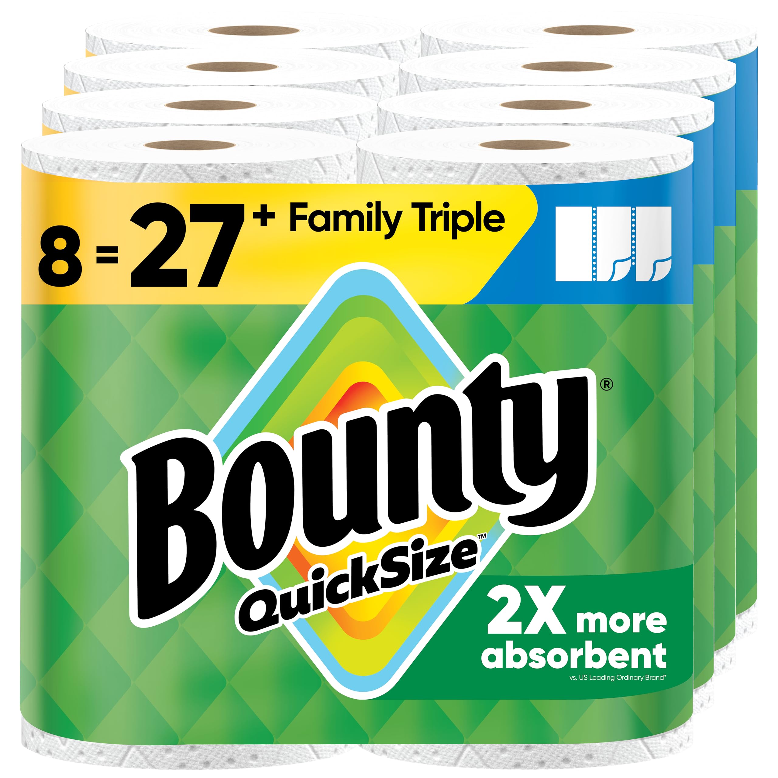 BountyBounty Quick-Size Paper Towels, White, 8 Family Triple Rolls = 27 Regular Rolls