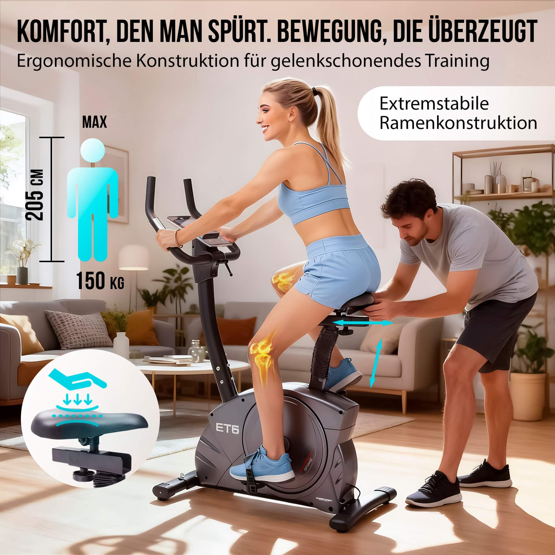 CHRISTOPEIT Ergometer Heimtrainer ET 6 Fahrrad mit 24 Widerstandsstufen, bis 150kg und 200cm, 12kg Magnet-Bremssystem, Kinomap, Bluetooth, Pulsmessung, bequem, leise