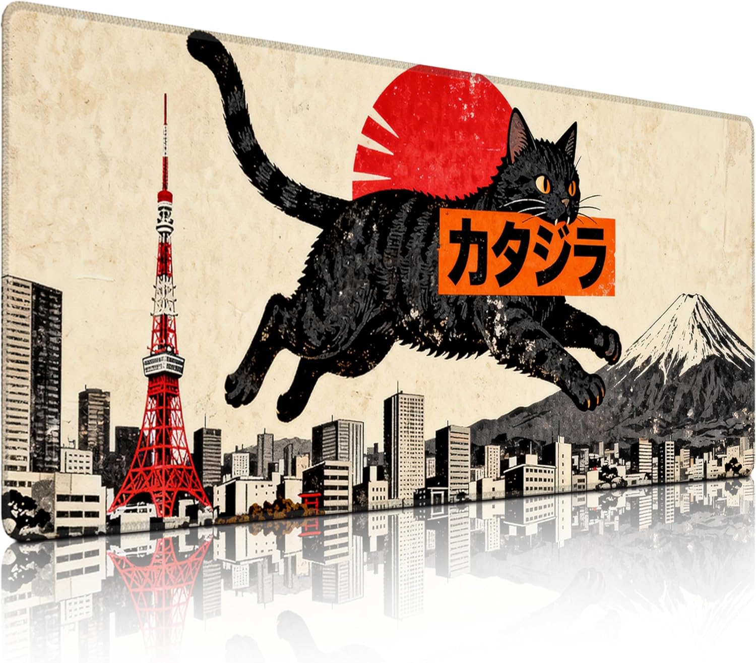 Japanese Retro Style Desk Mat, Giant Black Cat Tokyo Skyline Design, Large Mousepad, Kaiju Theme Gaming Pad, Japanophile Gift (C, 35.5x15.7in)