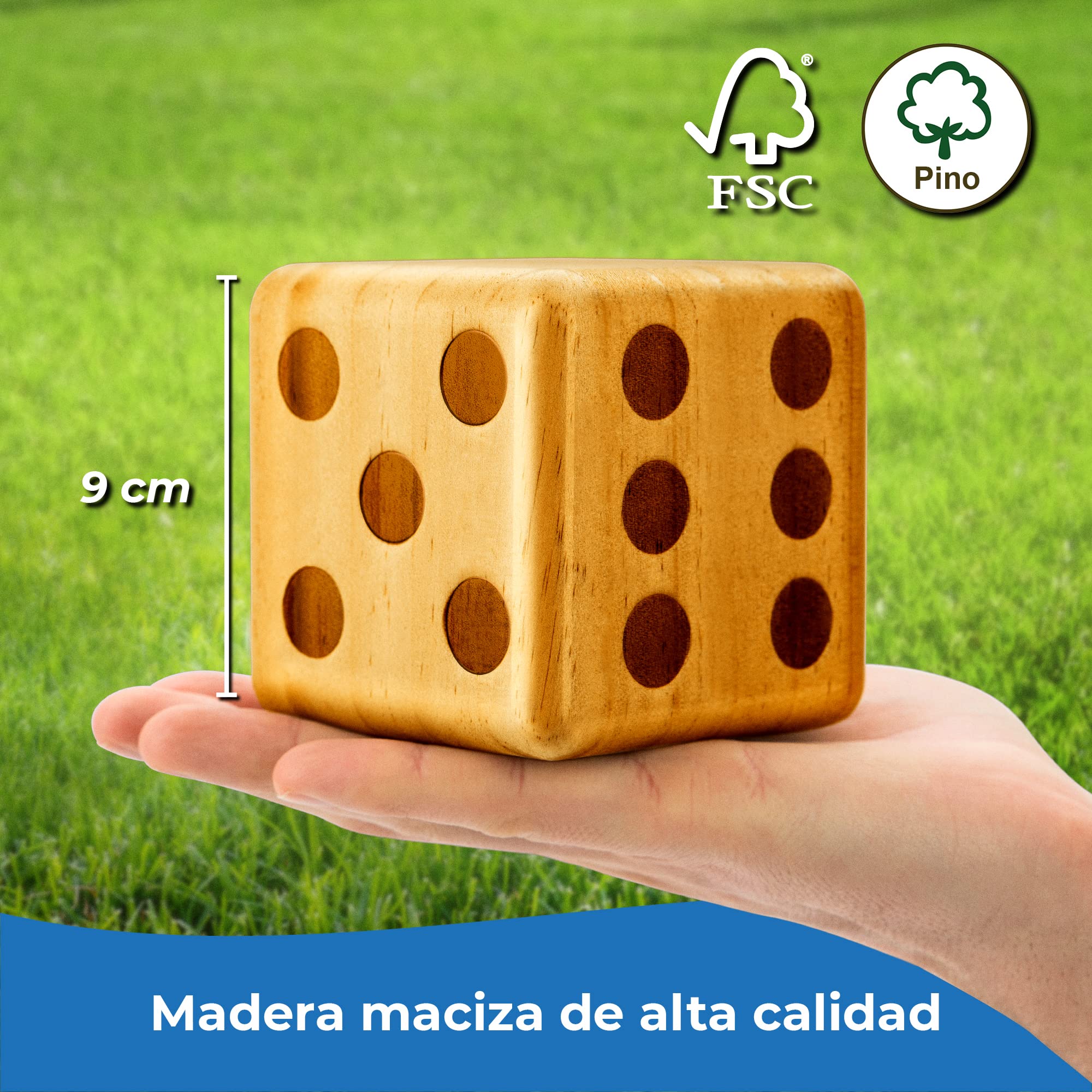 Toyfel XXL Juego de Dados Madera de Pino FSC® Interior y Exterior | 6 Enormes 9cm Cubo Plegable Tablero Limpiable y Pluma para Niños y Adultos gigantes pizarra gigantes mesa familiar Chuck