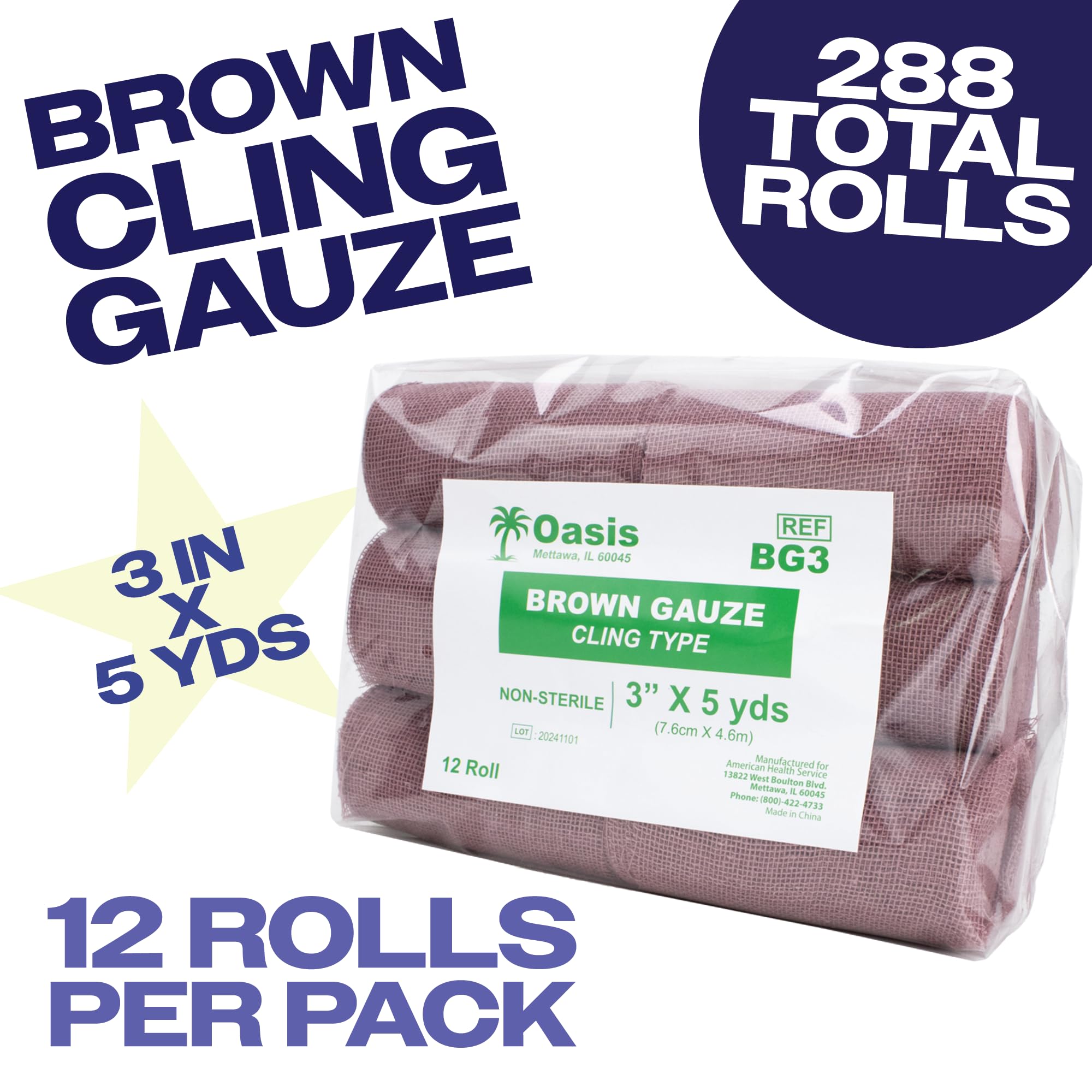 Brown Gauze Rolls Case of 288, 12 Rolls Per Pack, Bandage Roll, 100% Cotton, 3” x 5 Yards, Cling Gauze Wrap for Effective Wound Care & Comfort
