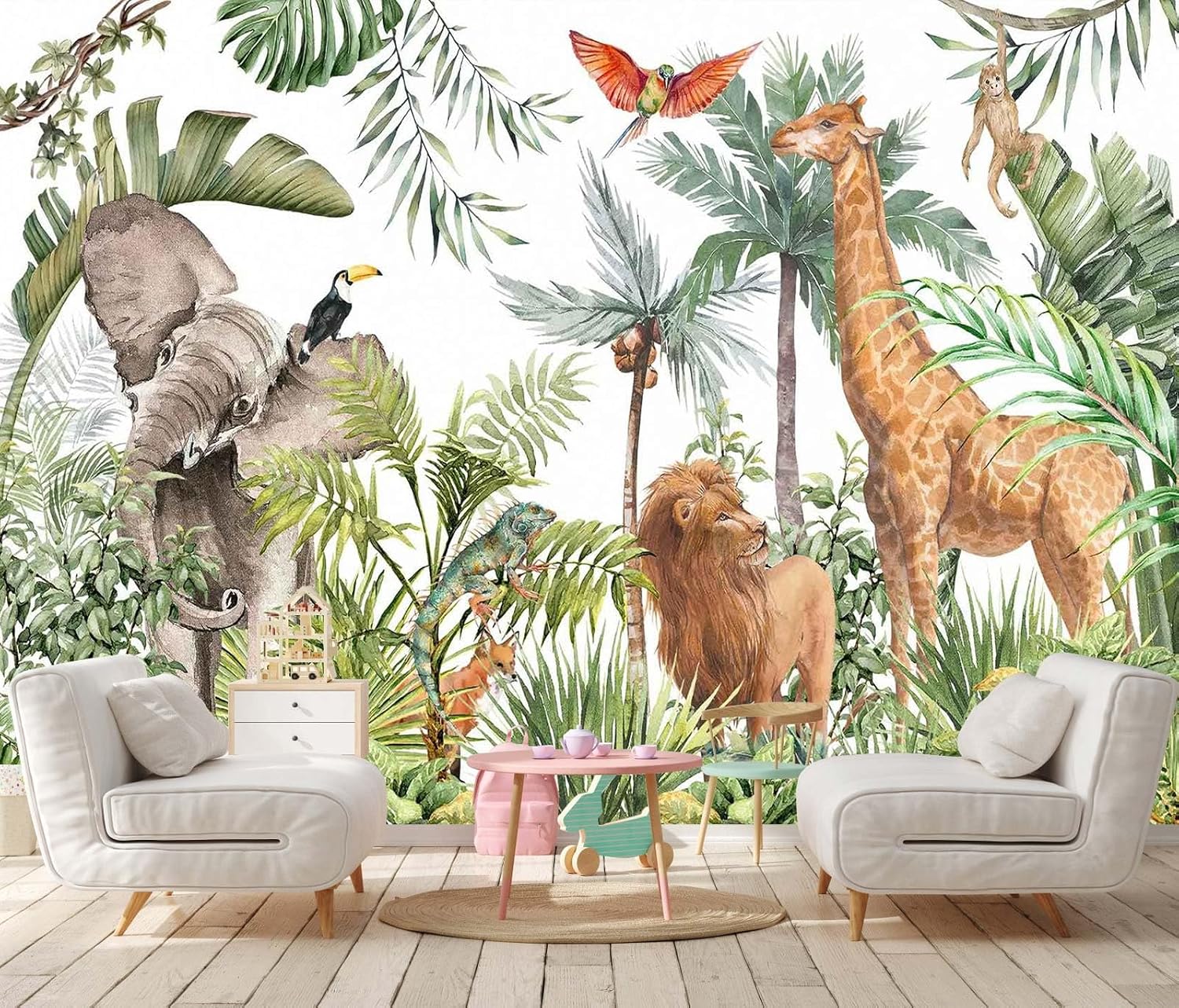 Safari Wallpaper Hand Painted Elephants Giraffes Monkeys Lions Tropical Palm Trees Jungle Forest Wall Mural for Bedroom Living Room Baby Nursery Mural-0046 170" x 120"