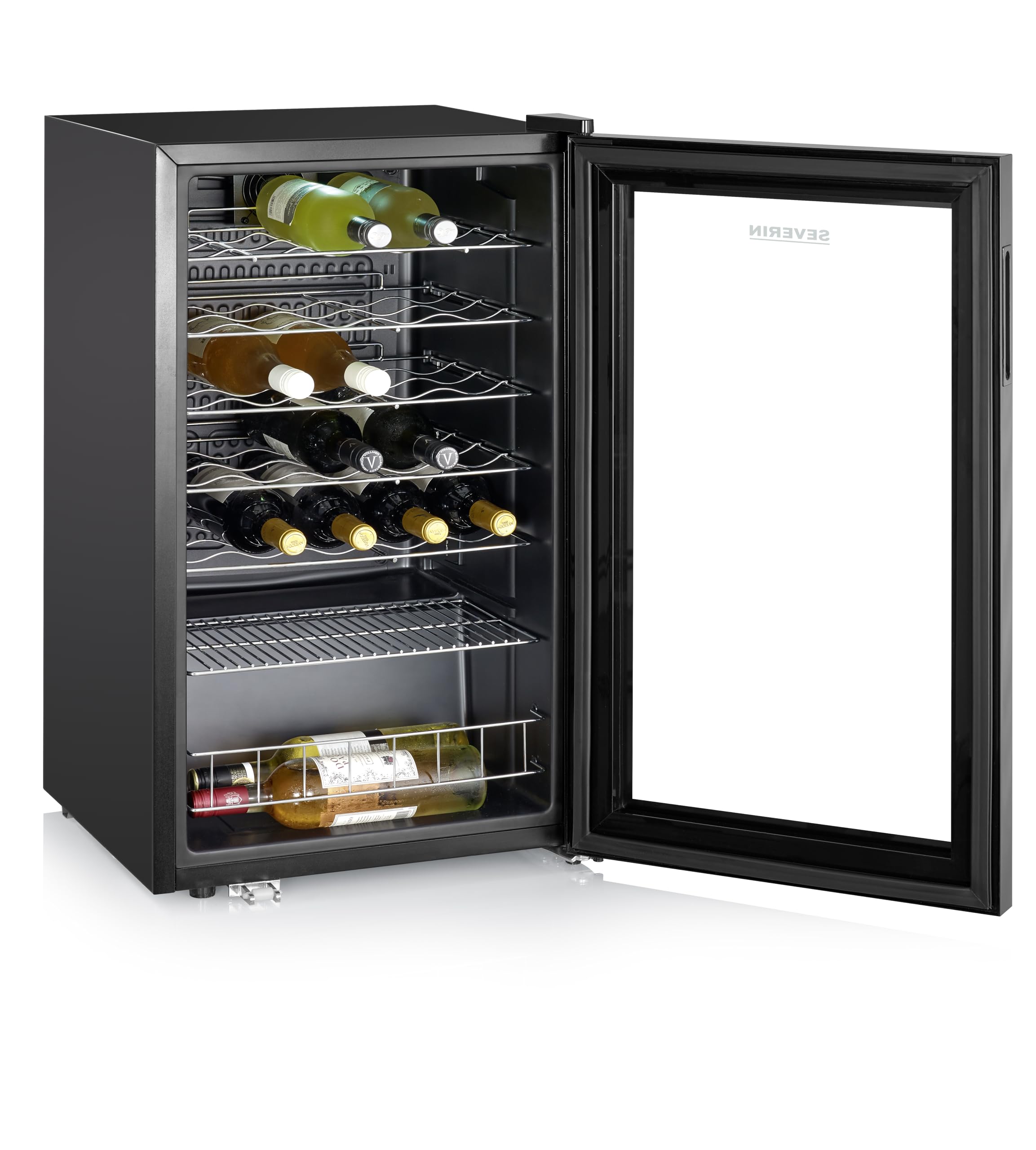 SEVERIN WKS 8908 Vinoteca para 33 Botellas, 95 L, Temperatura: 5° y 18°C, Nivel de Ruido 43 dB(A), Puerta de Cristal y Marco de Plástico y 6 Estantes cromados, 5 de Ellos Regulables en Altura, Negro