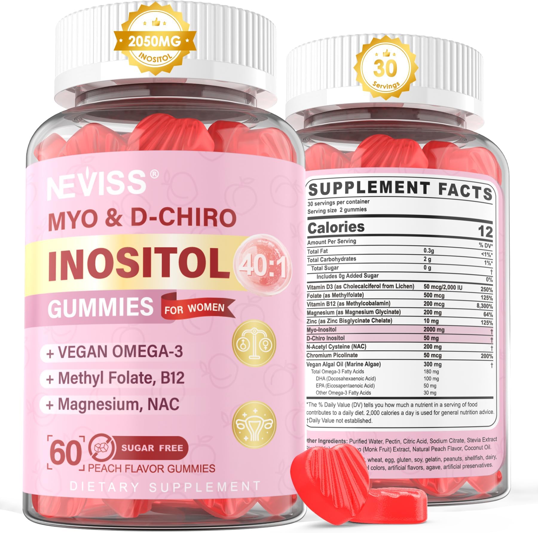 Myo-Inositol & D-Chiro Inositol Gummies Sugar Free, Ideal 40:1 Ratio Inositol Supplement for Women w/ Vegan Omega-3, D3, Magnesium, Methyl Folate, B12, Inositol Multivitamin for Women's Overall Health