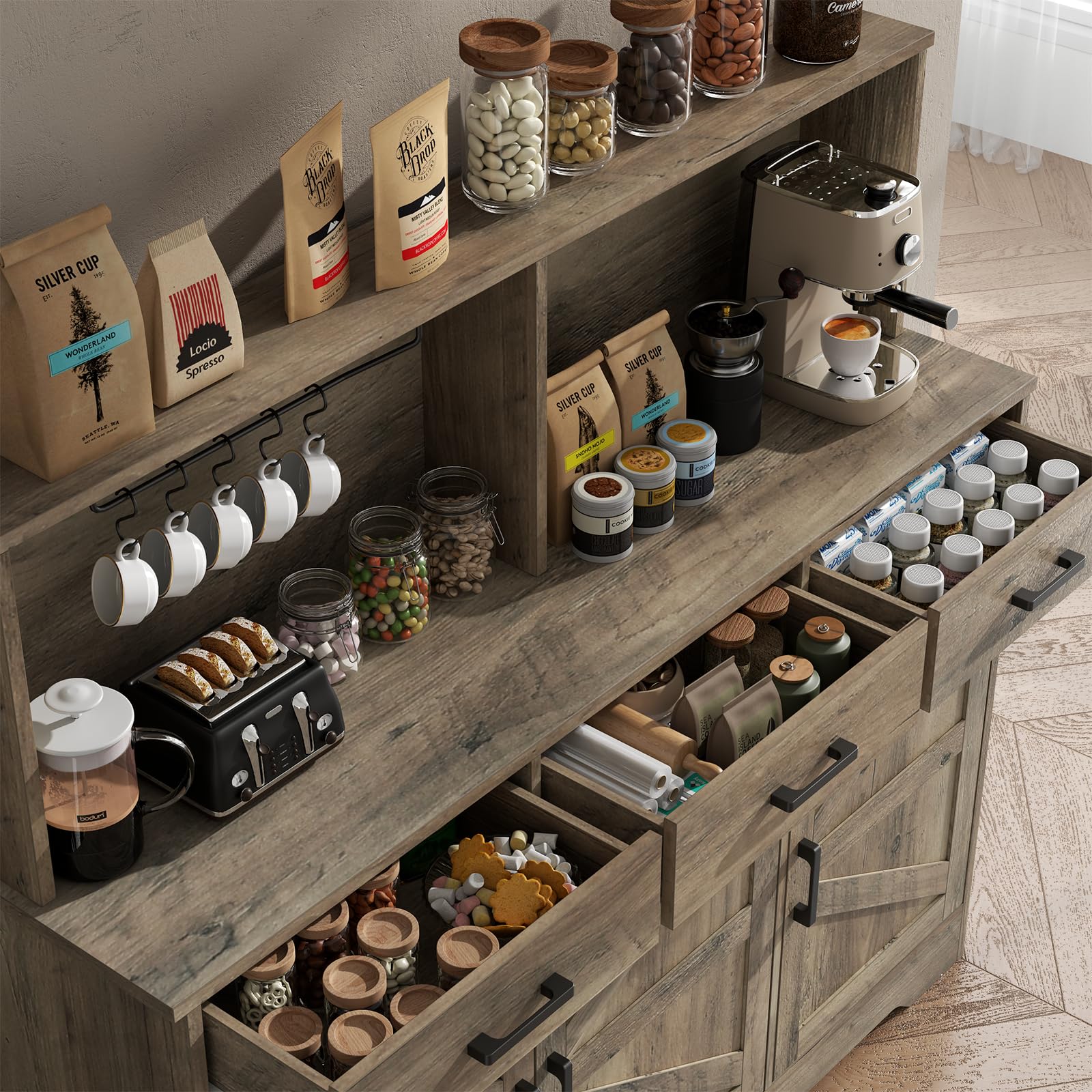 COSTWAY Armadietto del Bagno con 4 Ante, Armadietto con Ante di Vetro, Credenza di Legno con Mensole Regolabili, Organizer Multiuso per Casa Corridoio Salone Ufficio, Bianco