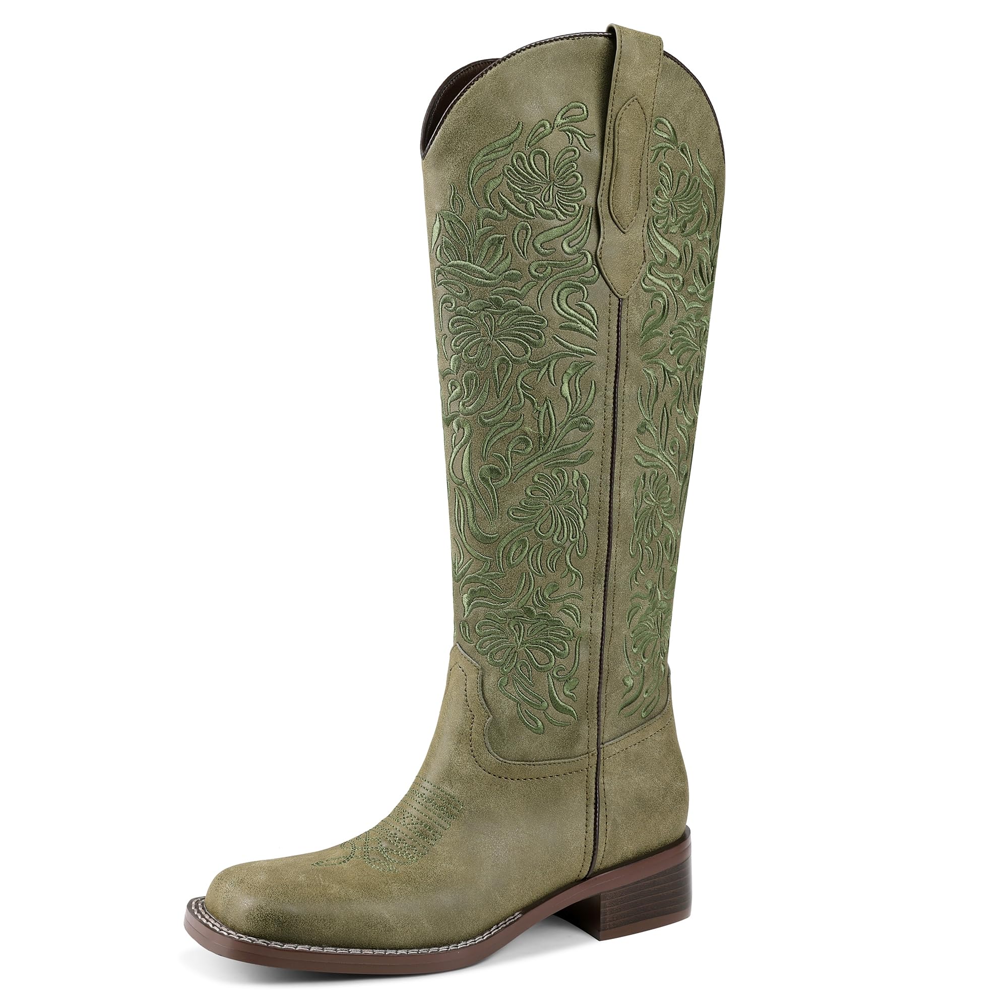Womens Embroidered Cowboy Boots Knee High Cowgirl Riding Boots Low Block Heel Comfortable Pull On Western Square Toe