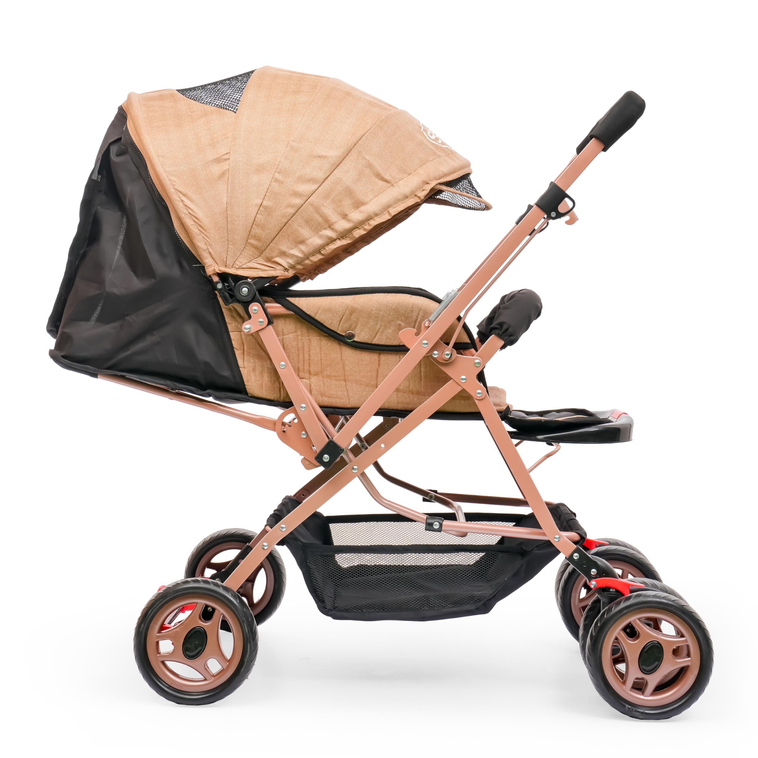art baby stroller, beige, foldable pram with canopy, safety harness, storage basket, for infants