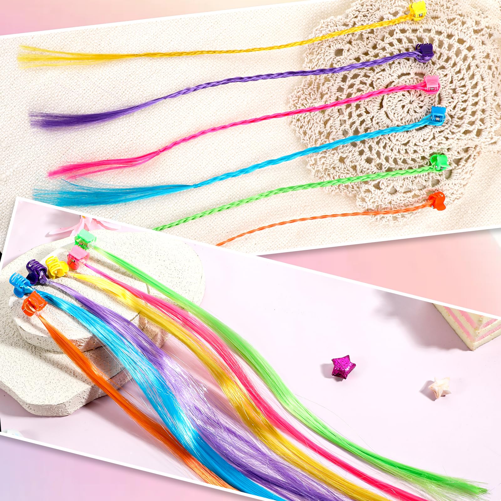 Paquete de 36 extensiones de cabello de colores para niñas, con clip, 13.0 in de longitud, rosa, azul, morado, naranja, verde, amarillo, trenzado y recto 3