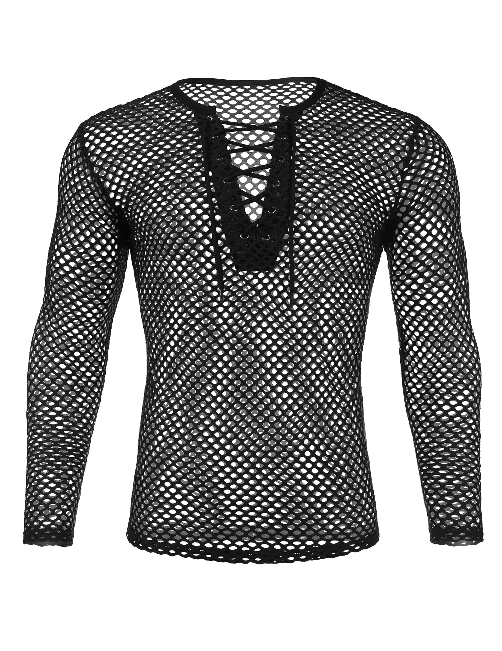 COOFANDY Mens Sexy Lace up See Through Long Sleeve T Shirt Mesh Undershirts
