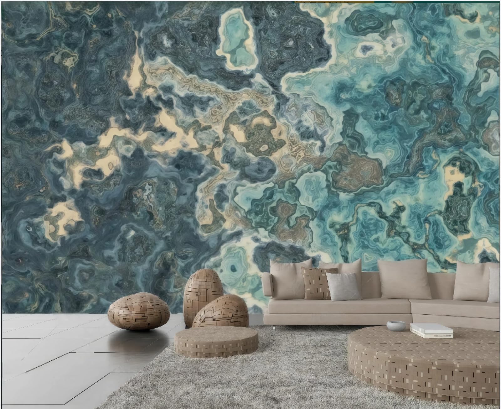 Papier peint vert foncé marbre 3D pour masquer un mur terne et agrandir le salon