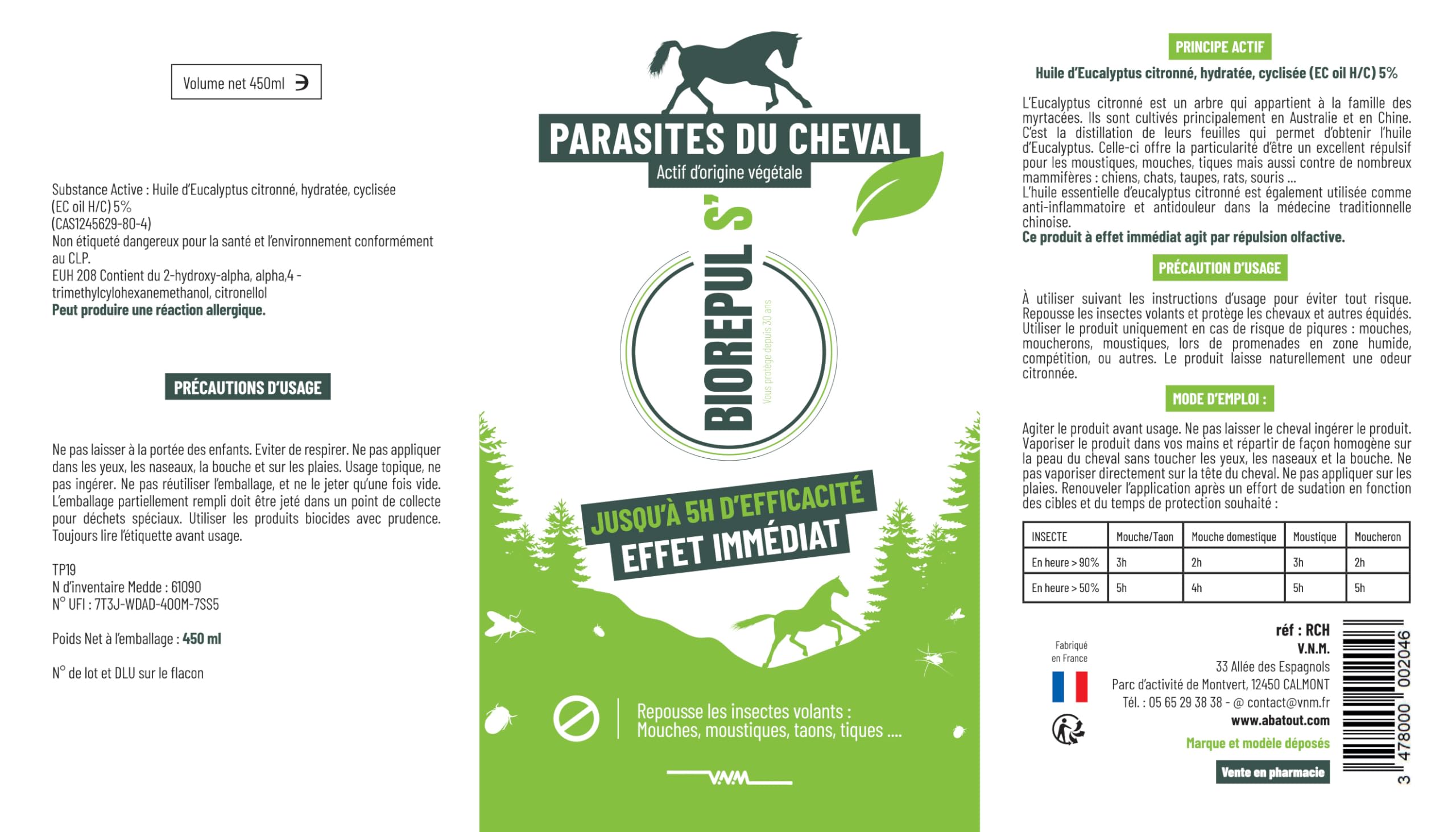 BIOREPUL'S - Spray Répulsif pour Mouches de Cheval - Parfum citronné à l'huile d'eucalyptus - Efficace jusqu'à 5h - 450 ML