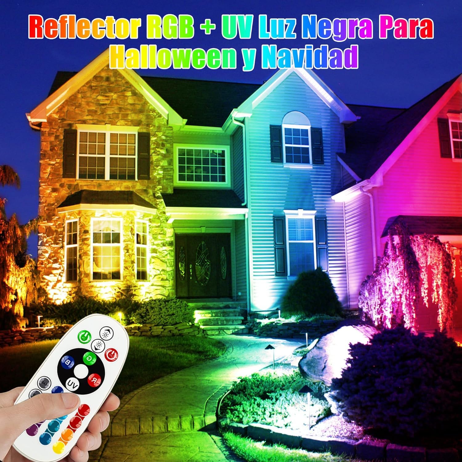 50W Projecteur LED Couleur + UV Lumière Noire 2 en 1, étanche RGB LED Spot Extérieur 395nm Black Light for Halloween lampe fluorescente Garden Party,2pcs