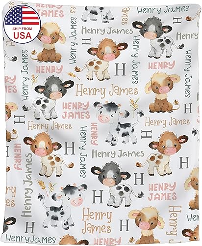 Hapaku Mantas de bebé personalizadas para niños y niñas, forro polar MinkySherpa, 30 x 40, 50 x 60, 60 x 80 pulgadas, estampado de animales de vaca,