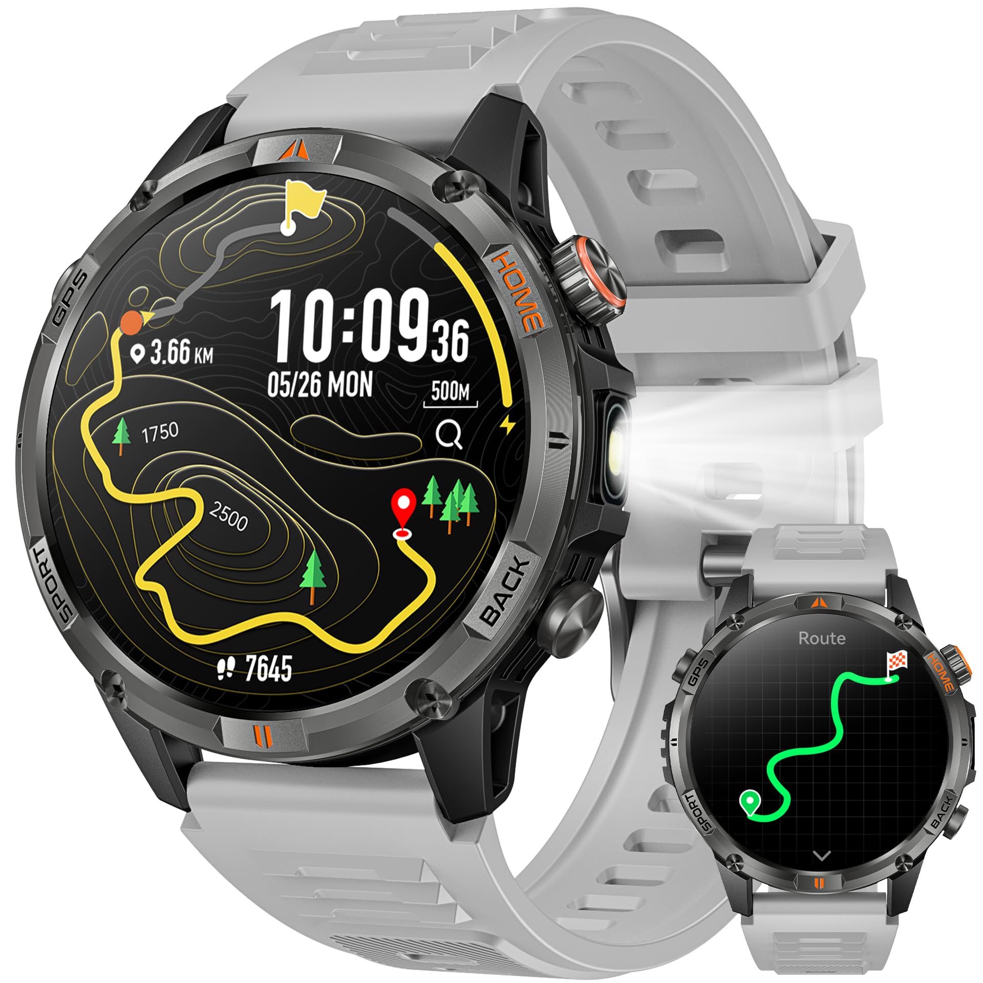GPS Smartwatch Uomo Orologio con Chiamate: 1,46" Grande Schermo Tondo Militare Smart Watch Fitness Sport Bussola Torcia Cardiofrequenzimetro Pressione Sonno Impermeabile Salute Orologi per Android iOS