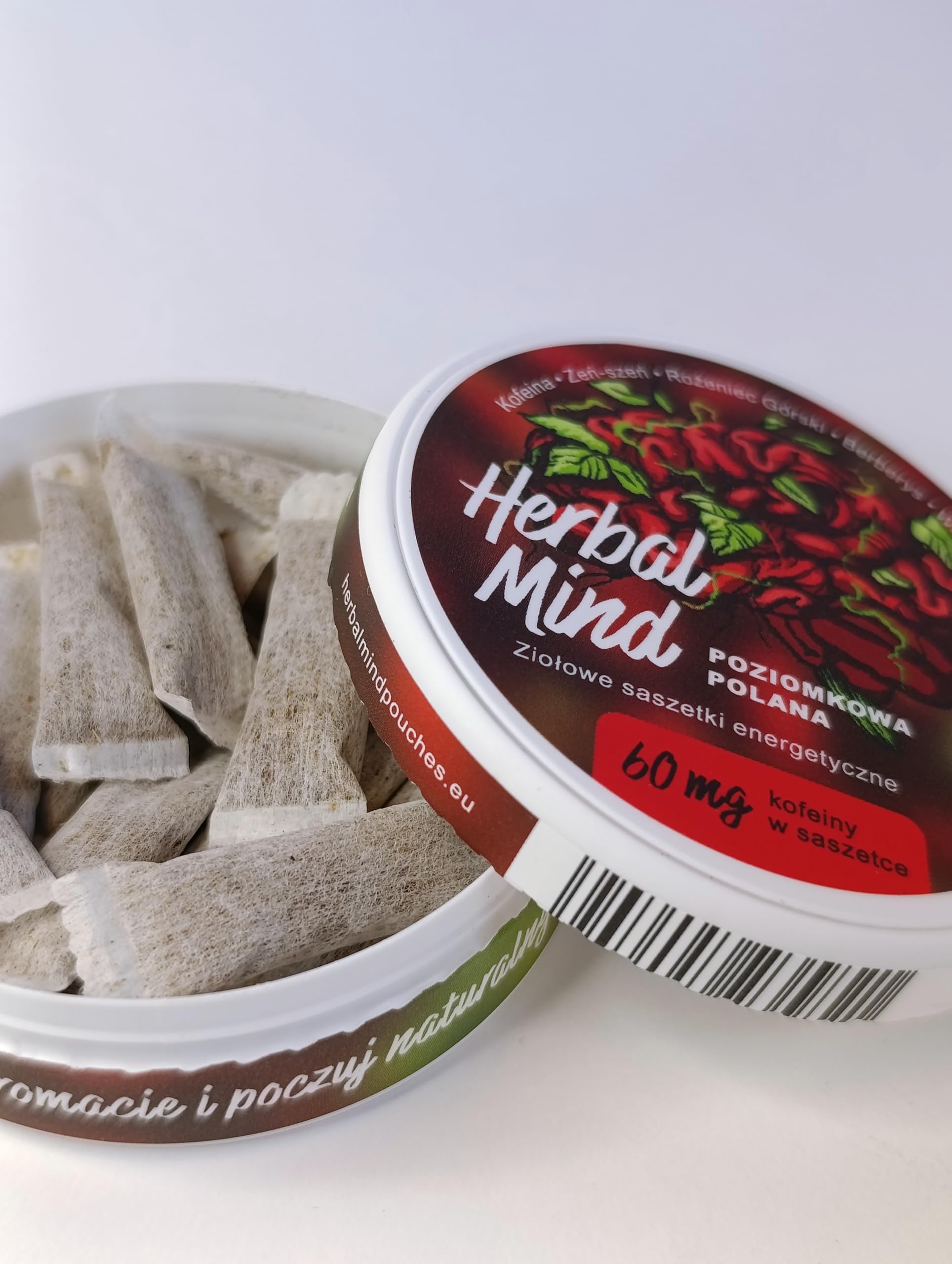 HerbalMind Ziołowe saszetki energetyczne kofeina, kanna Starter Pack 4 smaki. Snusy kofeinowe z adaptogenami bez nikotyny. Woreczki energetyczne Herbal Pouches Żeń-szeń, Rózeniec górski, snus