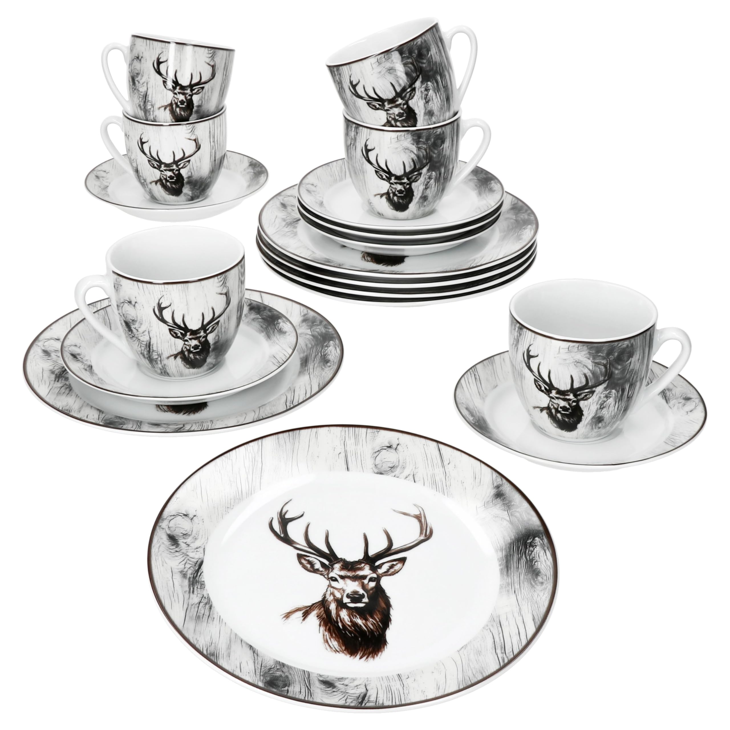 MamboCat Alois 18tlg Kaffeeservice I weißes Porzellan-Geschirr mit Hirsch-Dekor für 6 Personen I Je 6x Tassen 200ml, Untertassen & Teller für Frühstück & Kaffee