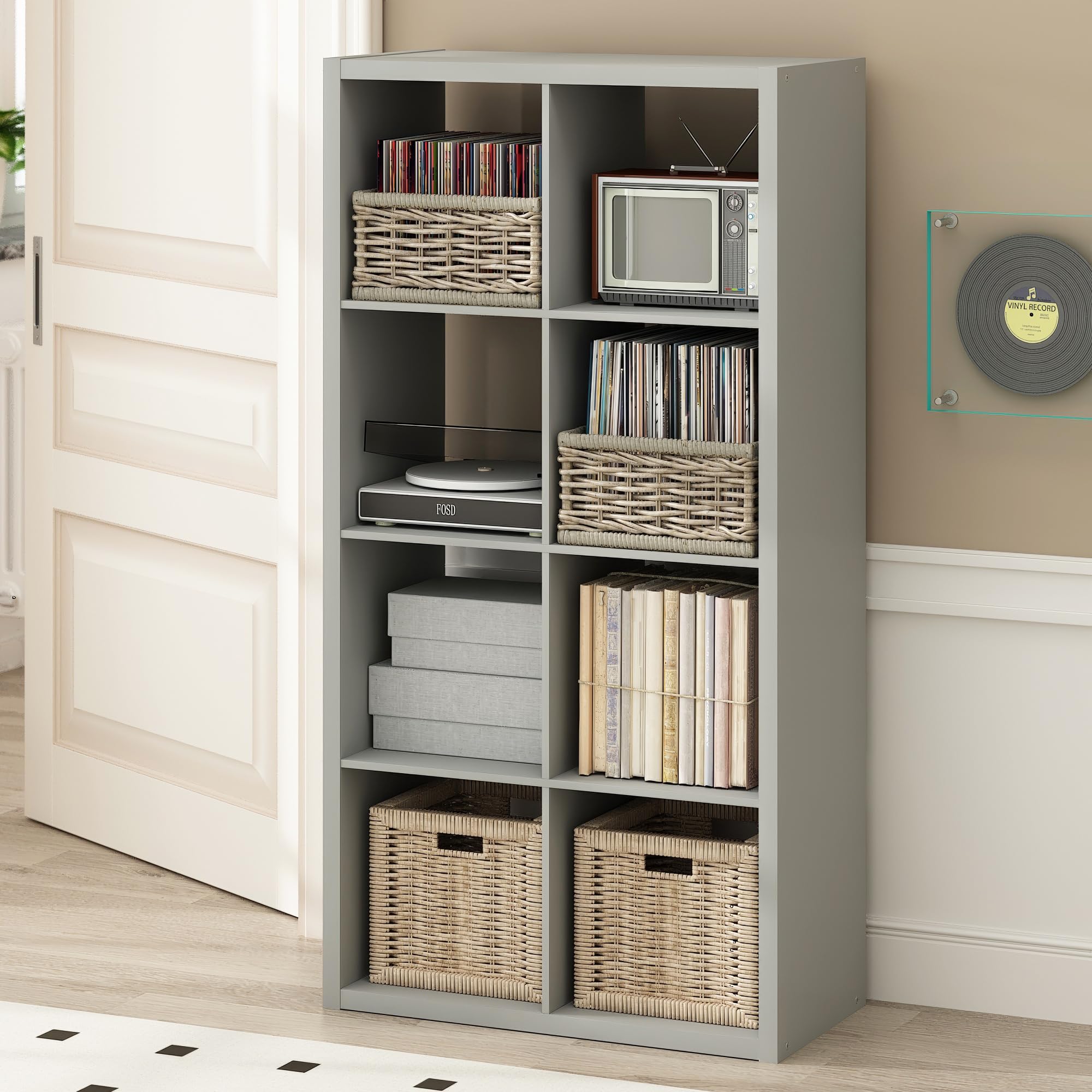 Furinno Cubicle Record Player Stand, 8-Cube Record Storage, Light Grey