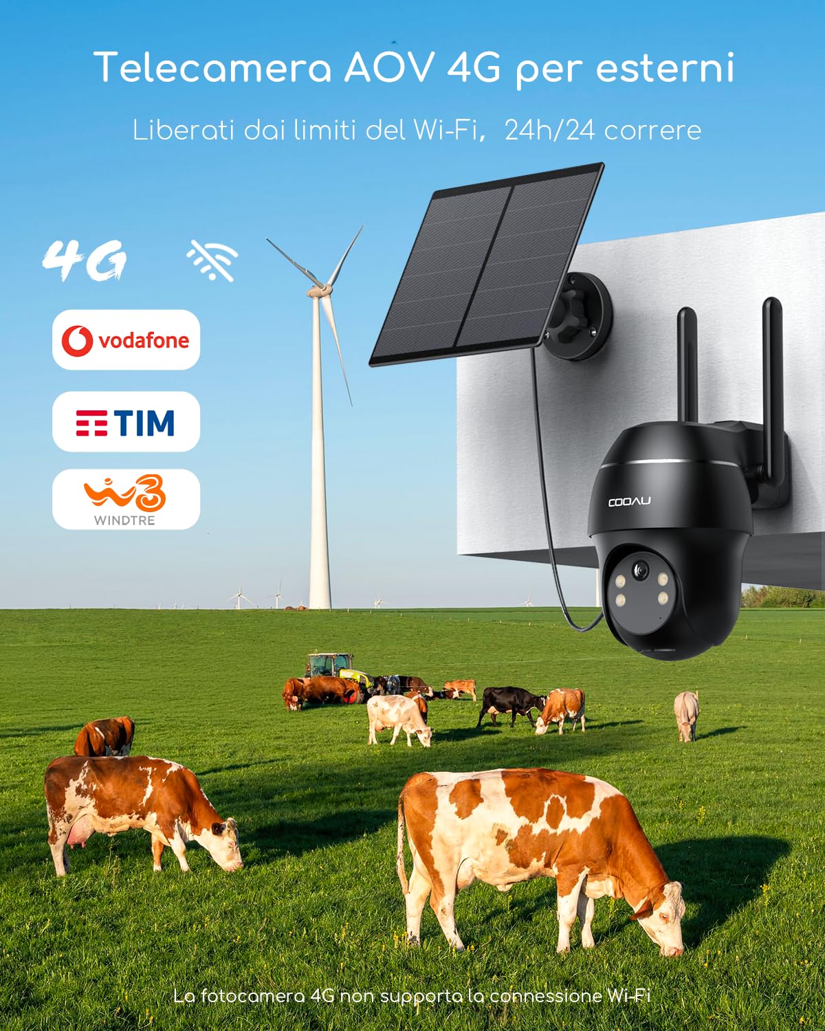 COOAU 24/7 AOV 4G 2K Telecamera con Sim 4g da Esterno con Pannello Solare | 8W Pannello Solare, Rilevamento AI, PTZ, Rilevamento AI, Tracking AI, Visione Notturna 20 Metri, Scheda eSIM Inclusa