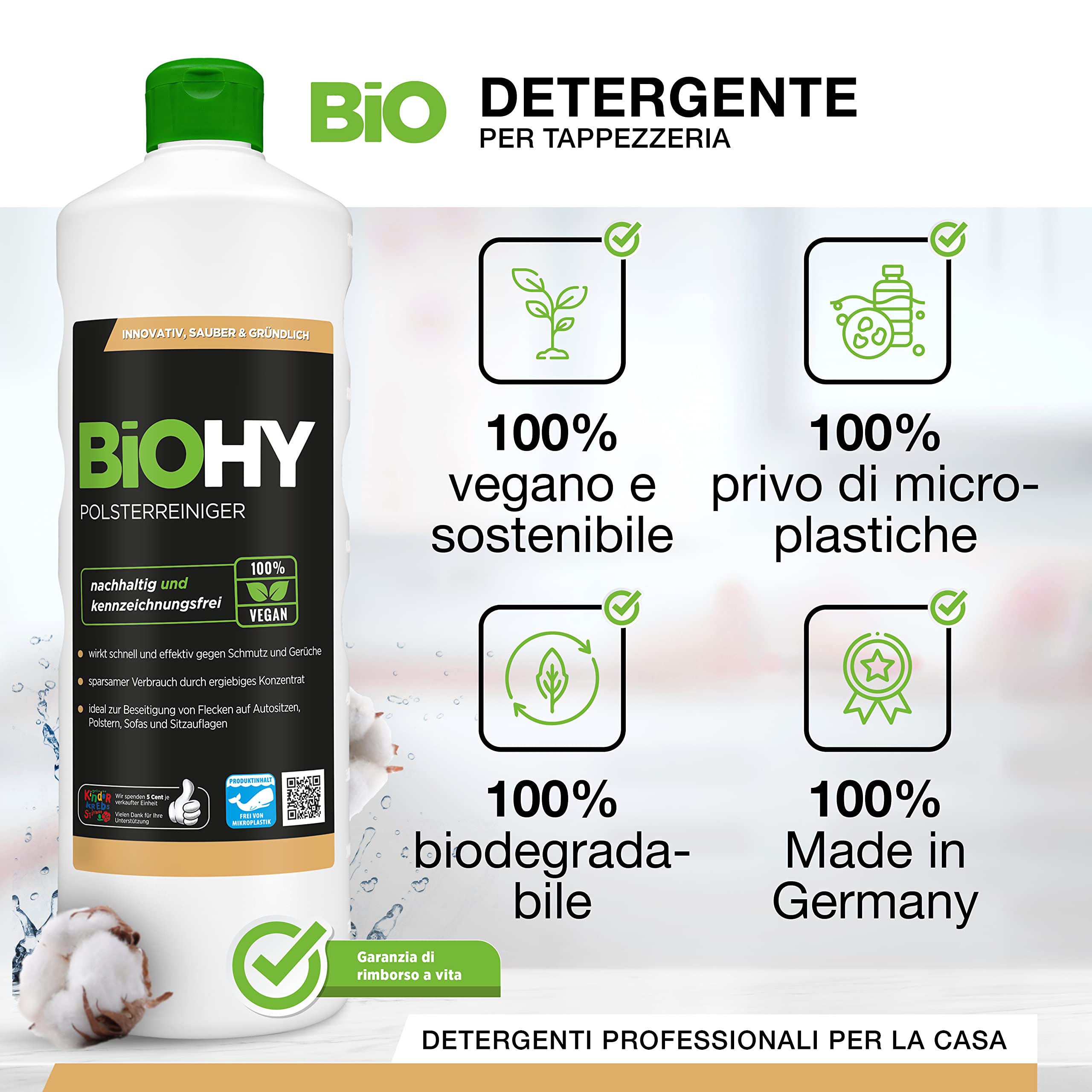 BiOHY Detergente per tappezzeria (Lattina da 10 Litri) | Ideale per sedili auto, divani, materassi, ecc. | Adatto anche per lavapavimenti (Polsterreiniger)