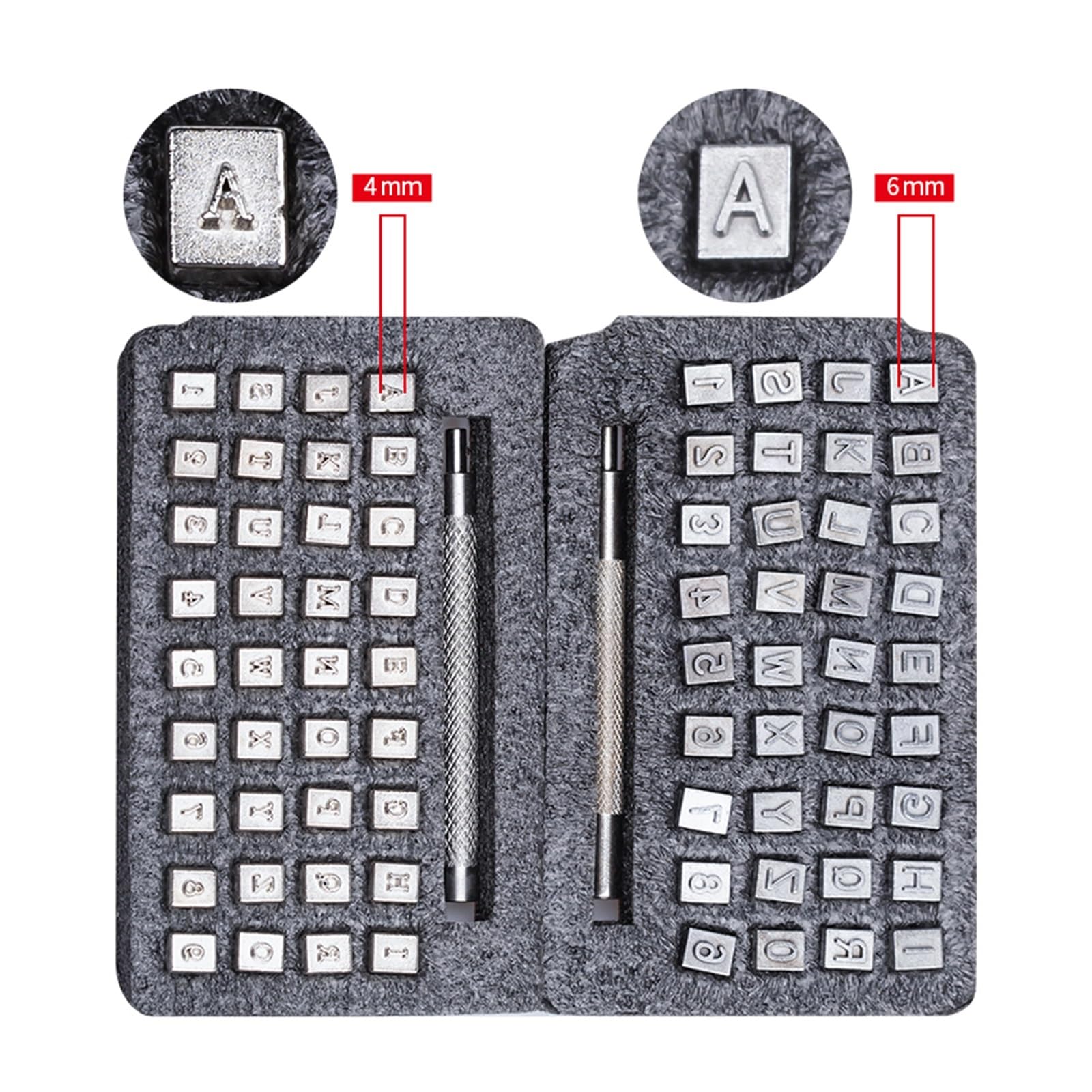 Zahlen- und Buchstabenstempelset, Leder-Buchstaben-Stempel-Set, Großbuchstaben, Zahlen, for Selbermachen, Logo-Stanzen, 4 mm/6 mm, Metall(Size (4-6) mm (74Pcs))