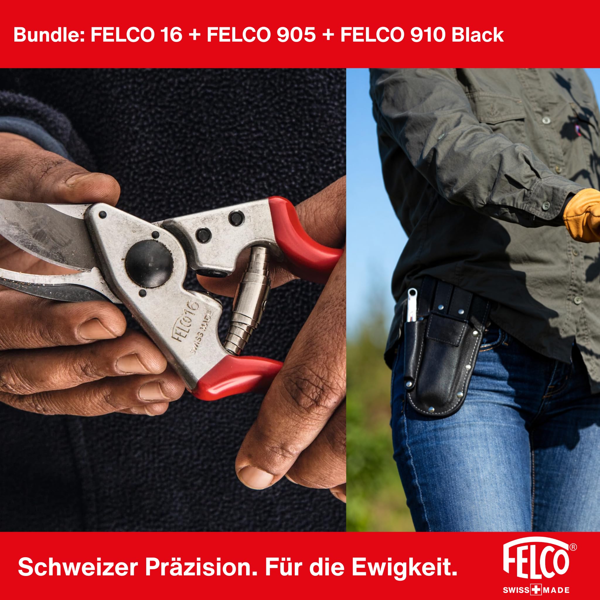 FELCO 16 Kompakte Profi-Gartenschere Bypass 20 mm für Linkshänder + Lederholster 910 Black + Multifunktions-Schärfer 905