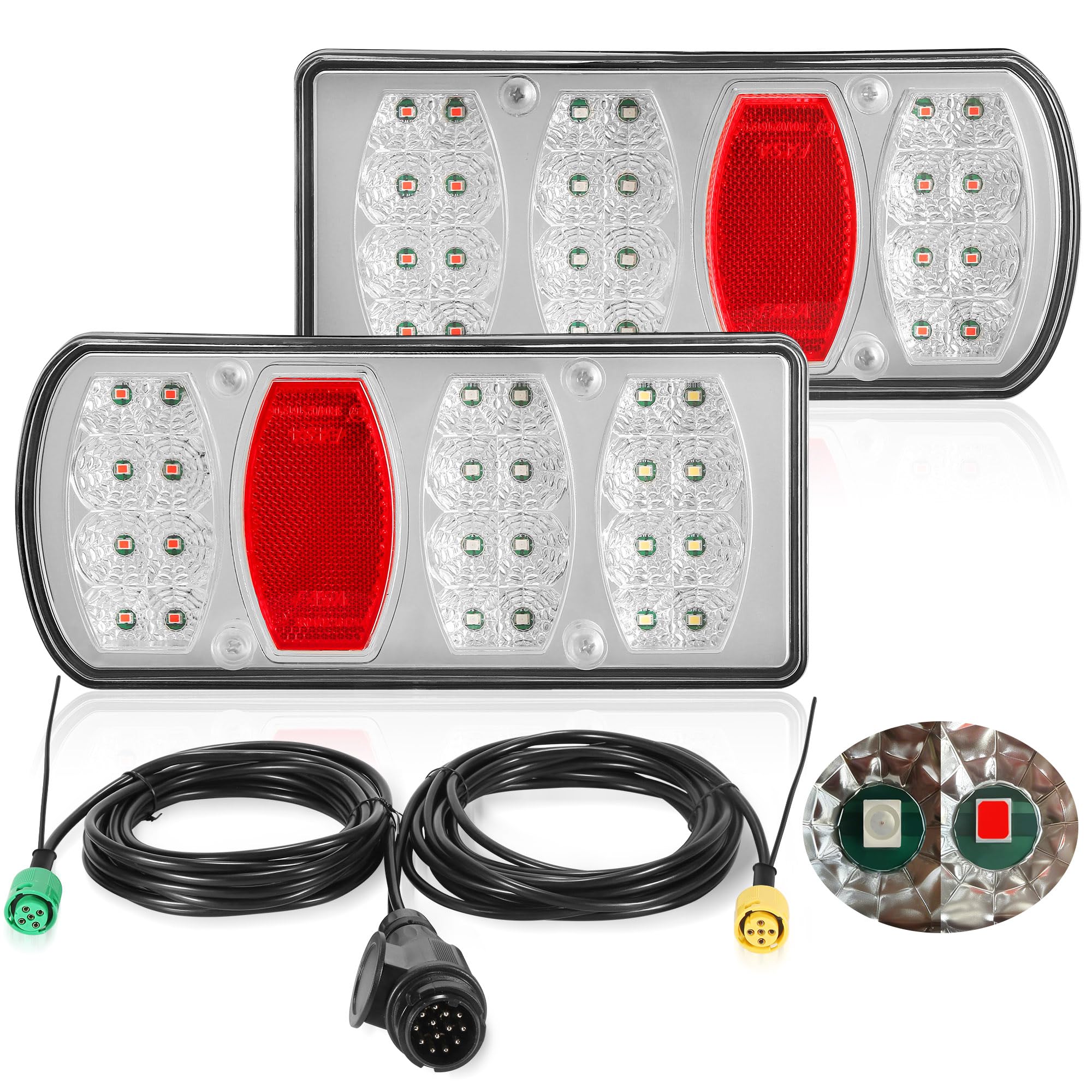 DARKGUARD LED Trailer Rear Lights Set 7 Functions 12V 24V 13pin Plug 5pin Bayonet Connector 5.5M Pre-Wired Cable Extra 25cm Trailer Cable For Wiring Fog Number Plate Side Marker Lights, IP65 & E57