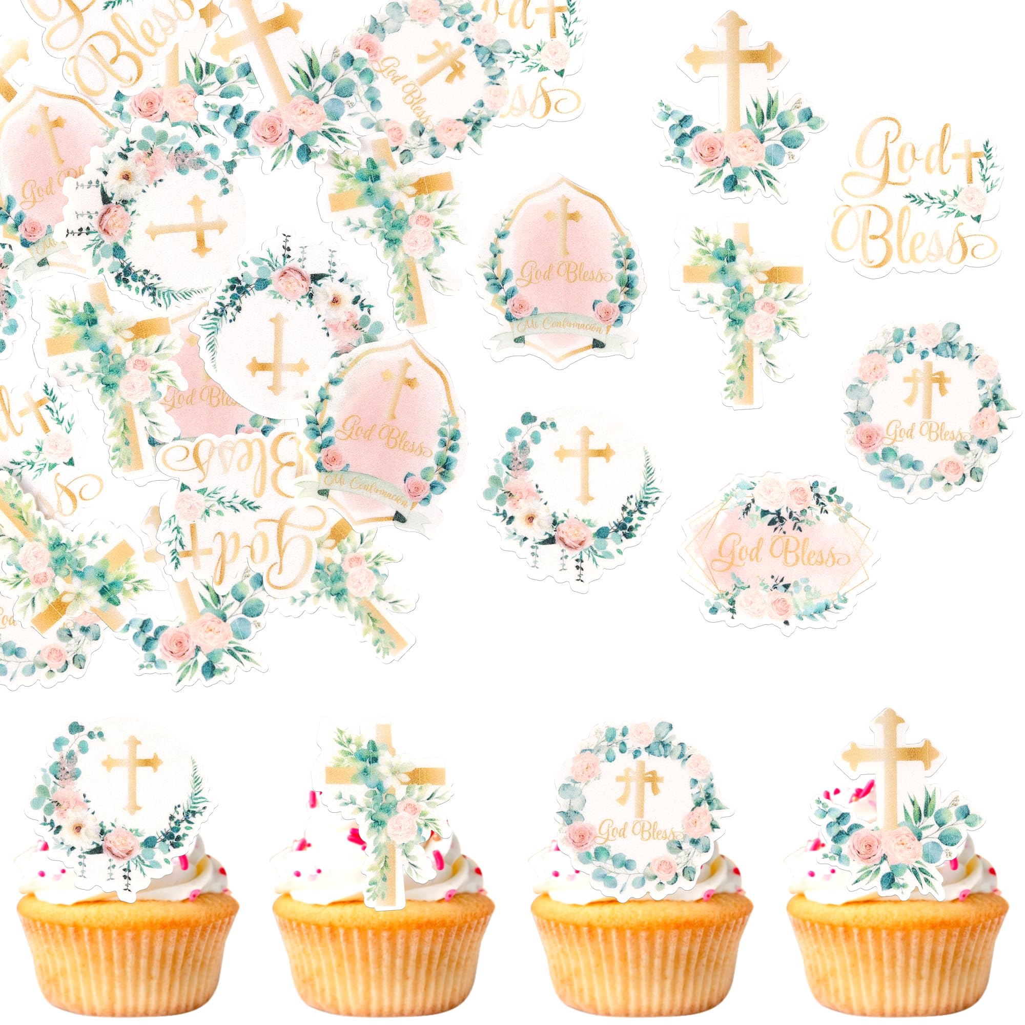 SYKYCTCY 60 Pack Edible God Bless Cake Toppers Wafer Paper God Bless Cake Picks Christian Theme Baby Shower Birthday Anniversary Cake Decorations Party Supplies