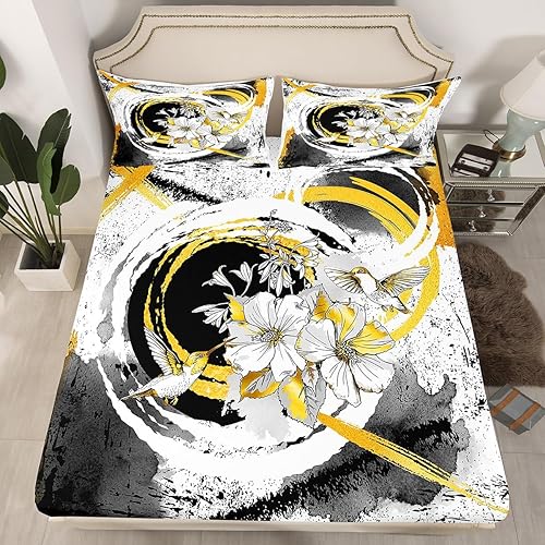 Manfei Juego de sábanas bajeras modernas de tamaño individual, diseño de líneas geométricas de círculos geométricos, 2 piezas para decoración de