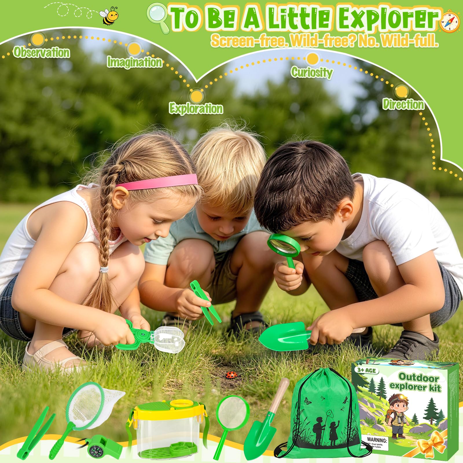 Meaicezli Kit de explorador para niños y atrapasueños, disfraz de safari con equipo de senderismo para niños, prismáticos, faro, hábitat de insectos, exploración al aire libre para camping, aventura