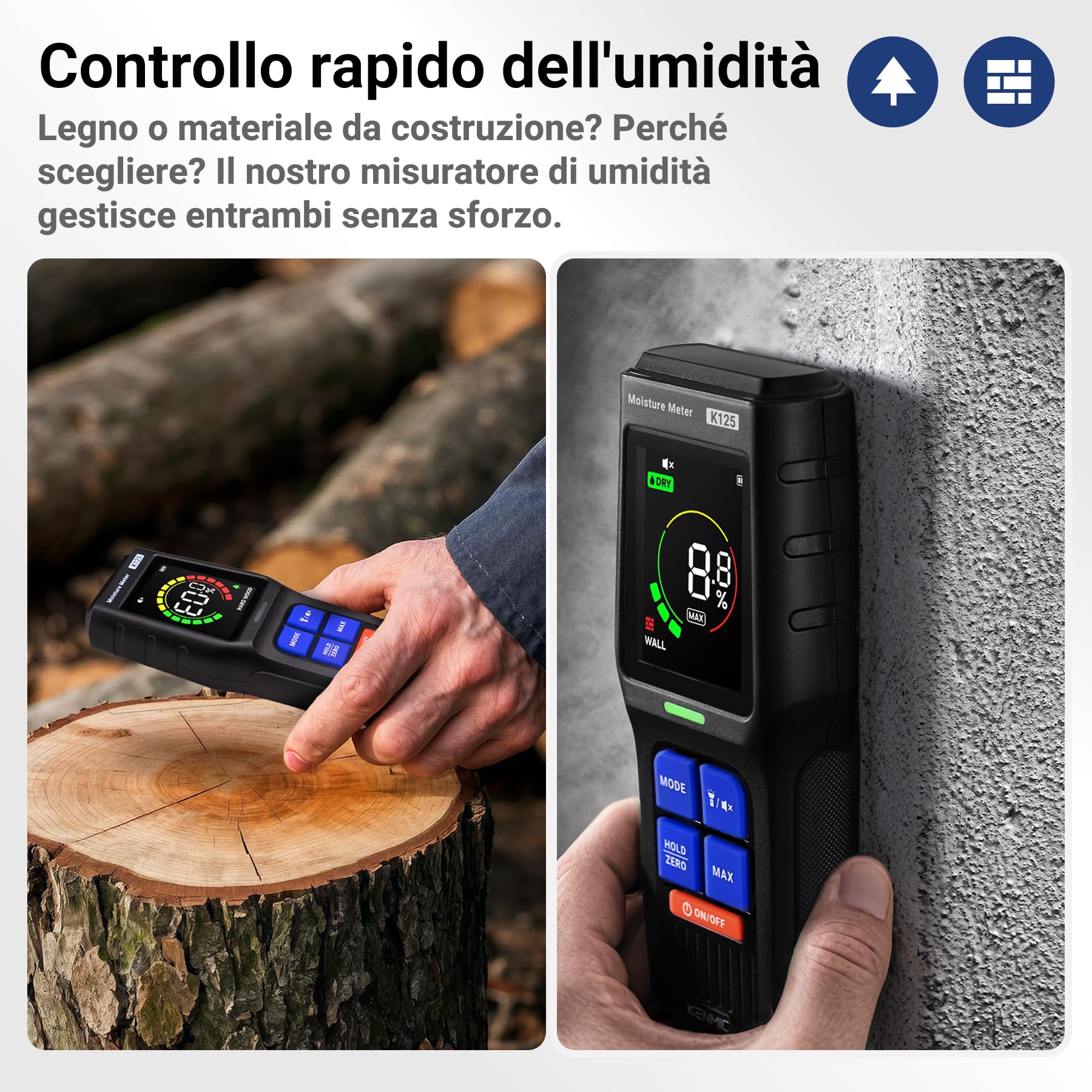 Misuratore di Umidità Senza Ago, Rilevatore di Umidità non Distruttivo per Legno, Muri e Cartongesso con Display LCD, Allarme Acustico, 4 Modalità, Profondità di Rilevamento 19 mm