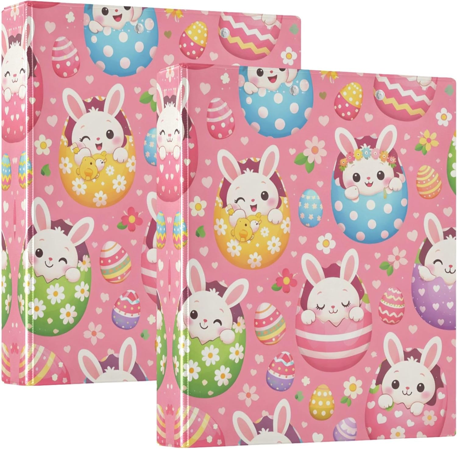 Cartoon Easter Bunny Eggs 3 Ring Binders, 1.5” Round Ring Binders with Clipboard - Letter Size, 3 Interior PVC Clear Pockets & Anti-Slip Clip for Office School Supplies, 2PCS