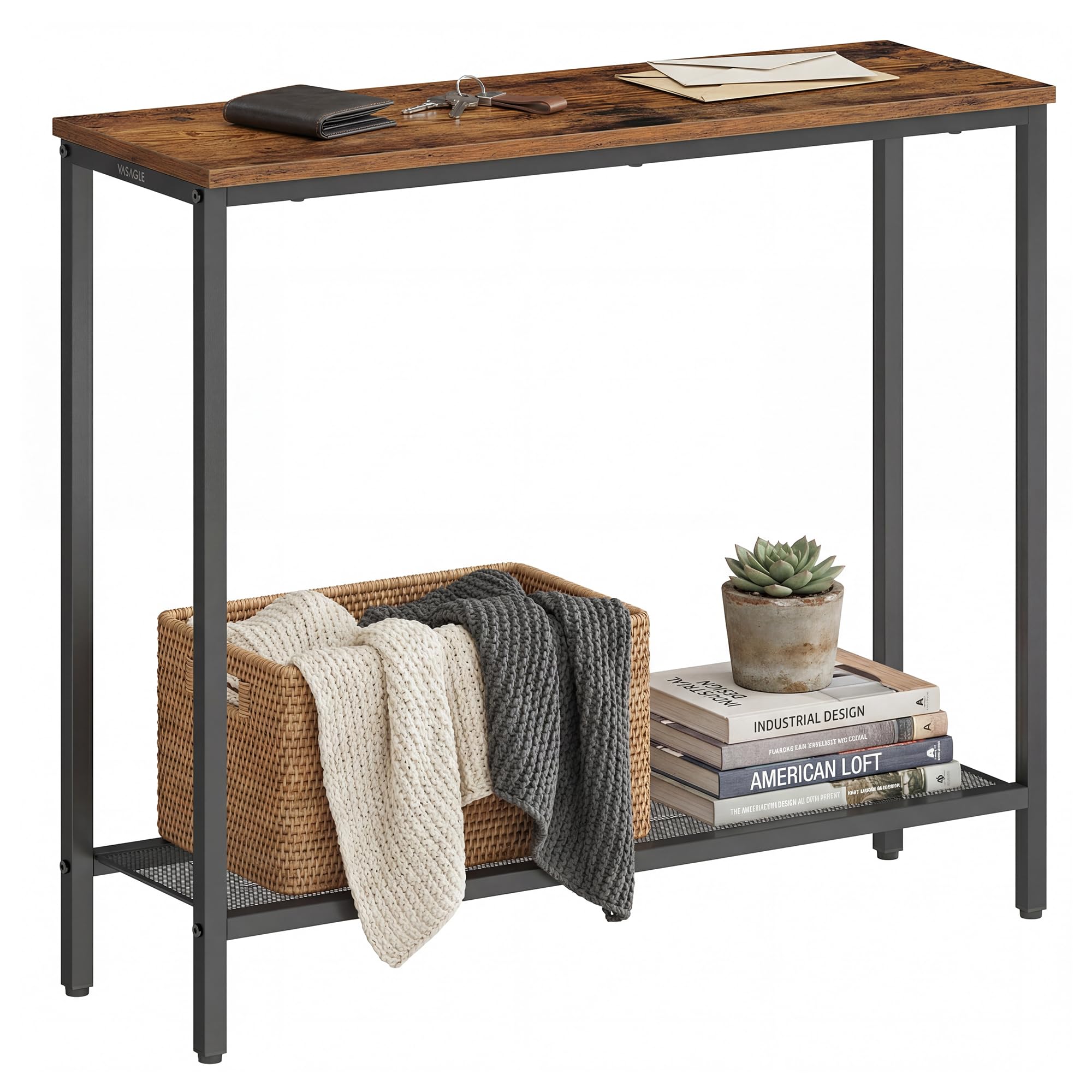 VASAGLE Console Table, Steel and Particleboard Narrow Hallway Table, 80 x 24 x 81.2 cm, Rustic Brown, for Entryway Living Room and Behind Sofa, Dacey Collection LNT036KD01