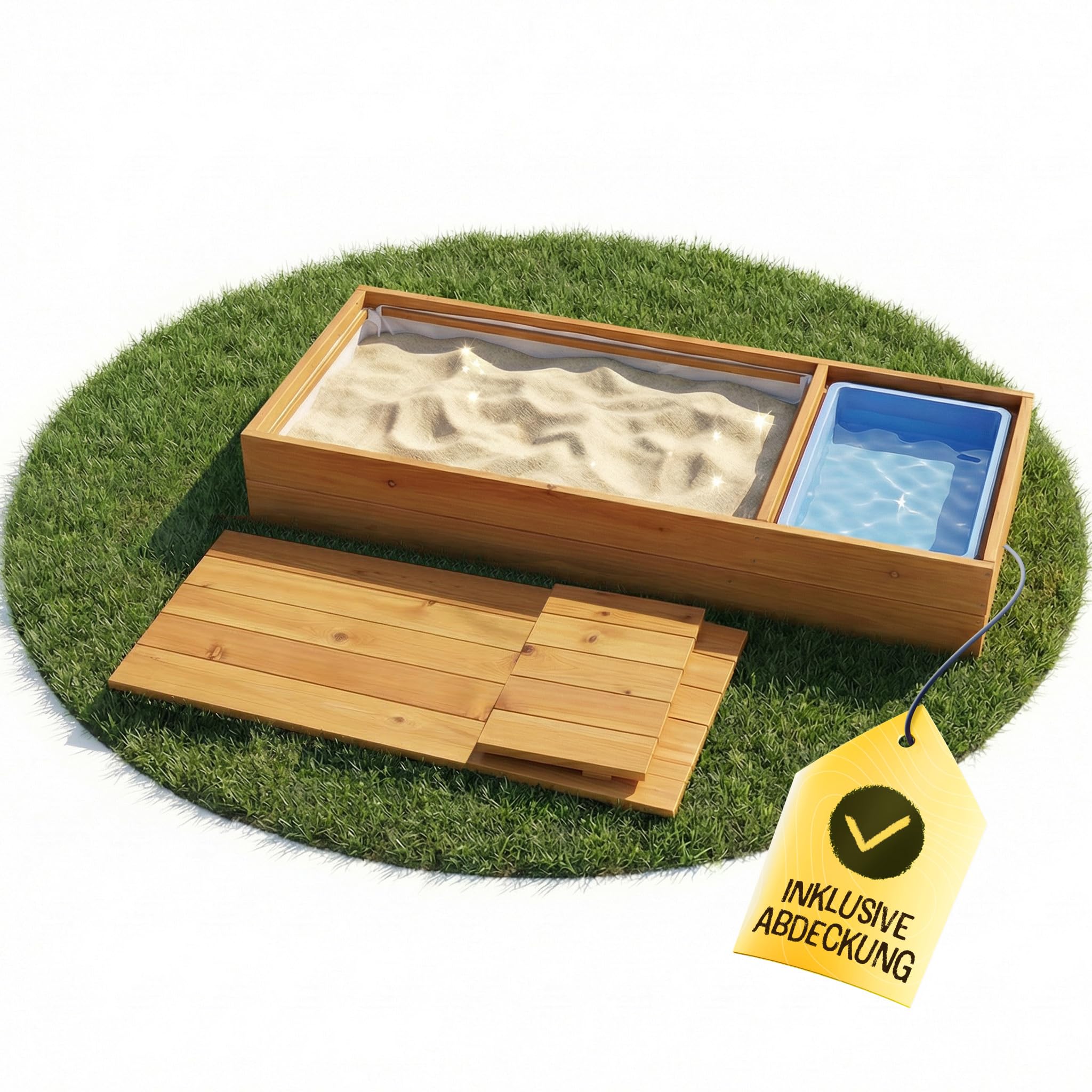 FRIEDO Sandkasten mit Abdeckung 120x40x18cm aus lasiertem Holz und Deckel I Sandkasten mit Matschküche I Sandbox ideal für Balkon, Terrasse, Garten I Sandkiste mit Abdeckung für kleine & große Kinder
