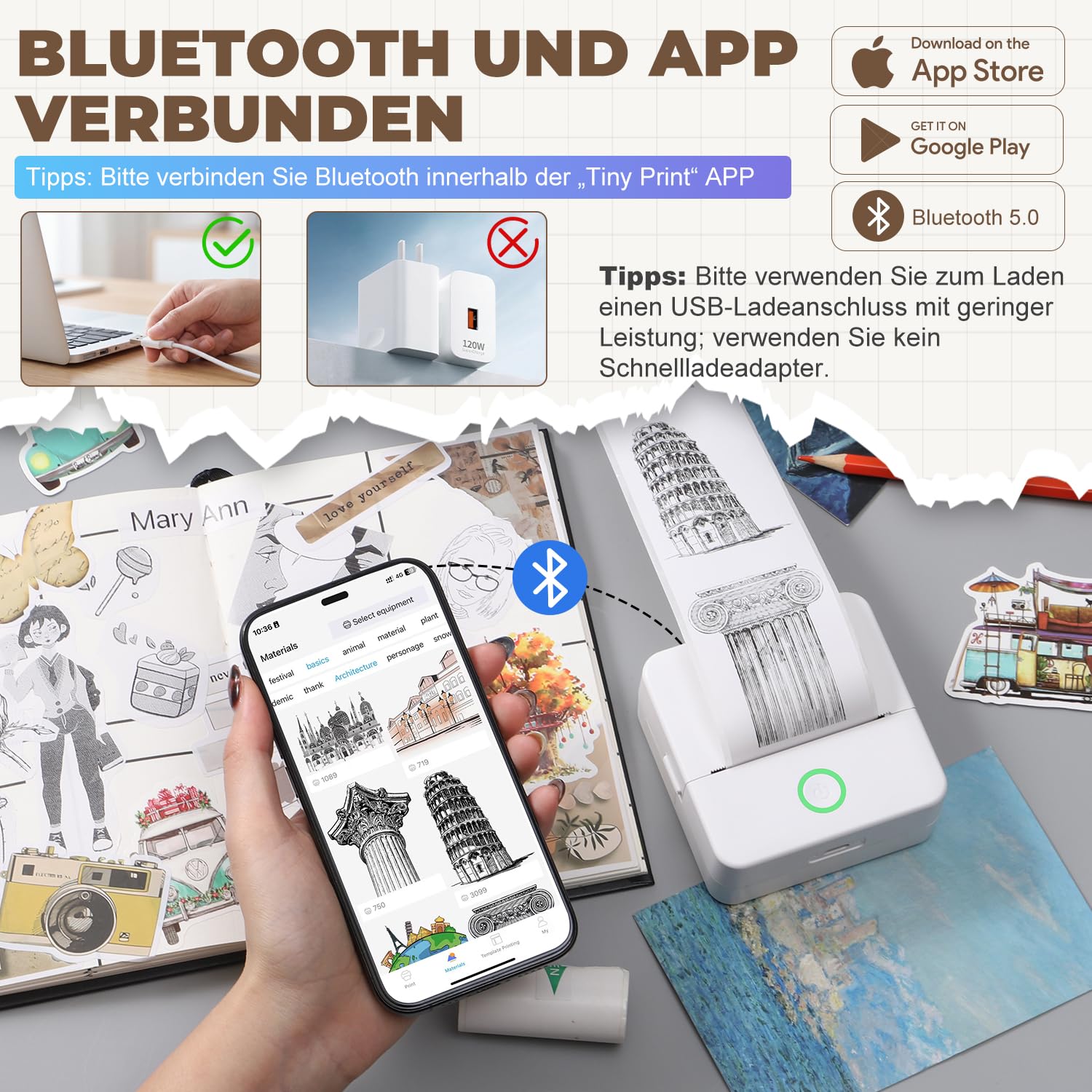 Mini imprimante photo portable Bluetooth avec 10 rouleaux de papier thermique, compatible iOS Android (blanc)