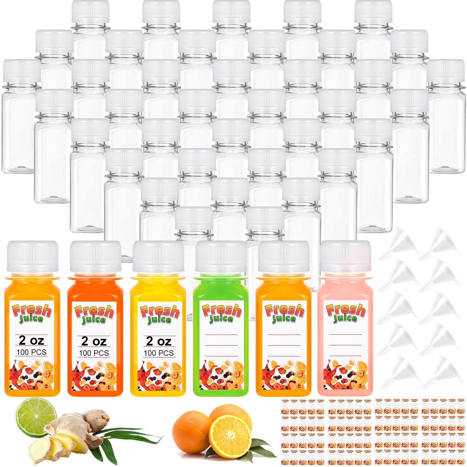 Bottiglie da 56,7 ml con tappi, confezione da 100 piccole bottiglie di plastica per liquidi, liquori, succhi di frutta, whisky, bottiglie da viaggio riutilizzabili con scala, imbuti, adesivi per fai