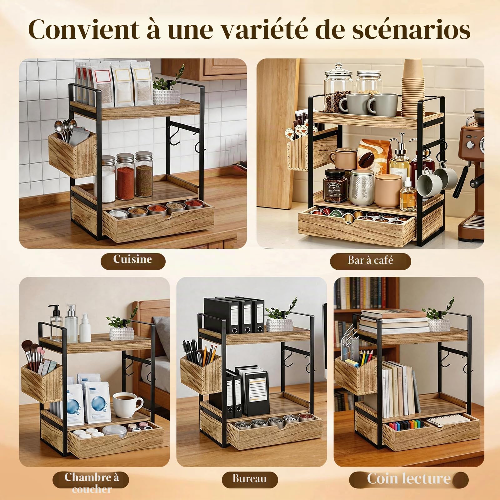 Organiseur de station à café à 3 niveaux avec tiroir et crochets pour tasses, en bois, pour comptoir de cuisine, maison, bureau