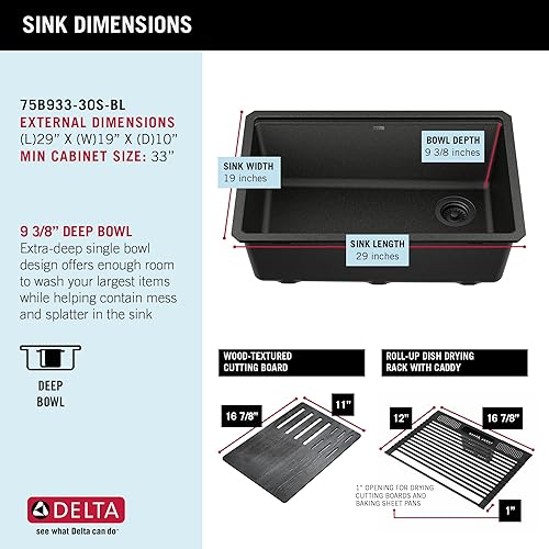 Miniatura 6 de DELTA FAUCET DELTA Everest 75B933-30S-BL - Fregadero de cocina compuesto de granito de 30 pulgadas con reborde de flujo de trabajo y accesorios en