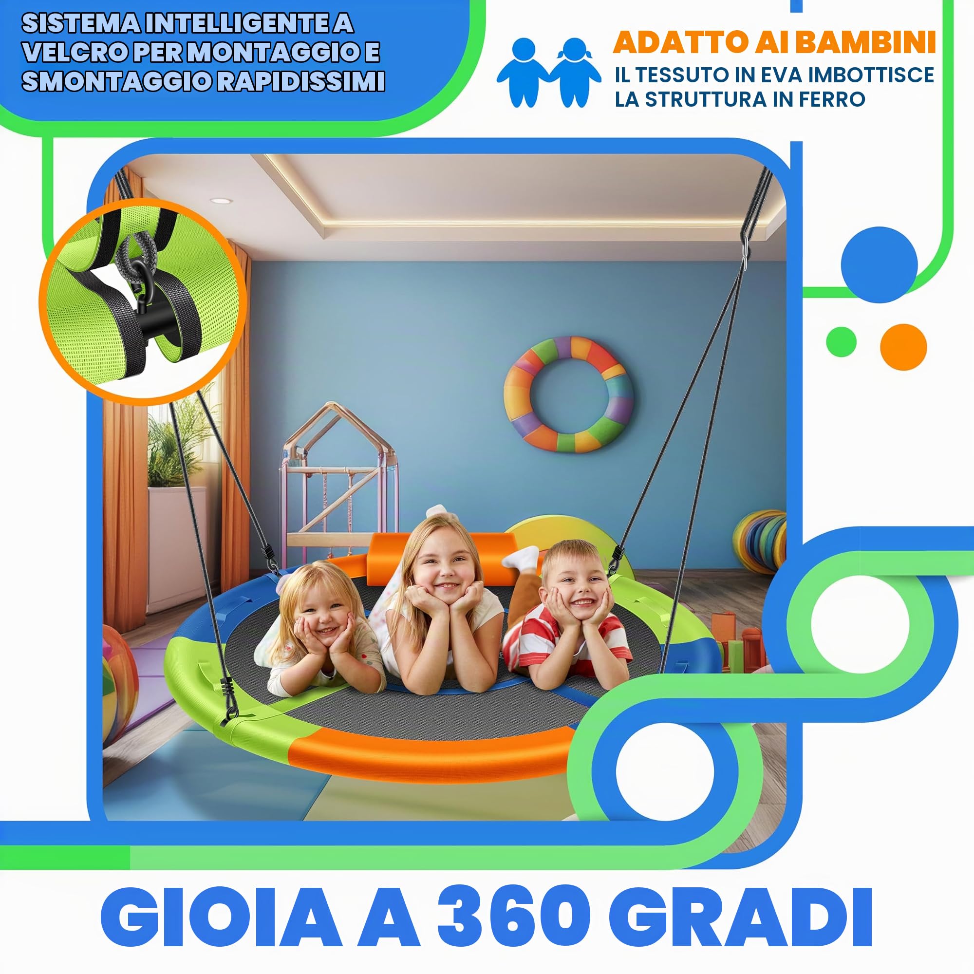 KESSER® Altalena a disco, diametro 60 cm, portata fino a 200 kg, con cuscino e 4 manici regolabili, per interni ed esterni, per bambini e adulti, multicolore