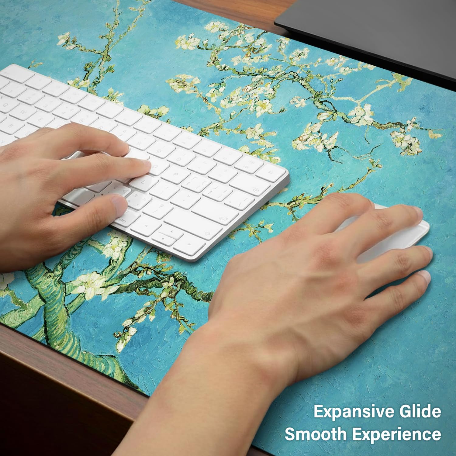 Large Mouse Pad,Extra Long and Thick Desktop Mouse Pad with Stitched Edges,Non-Slip Base,Waterproof Keyboard Pad for Gamers Office and Home,Van Gogh-Almond Blossom(35.4x15.7x0.12 Inch，90x40cm)