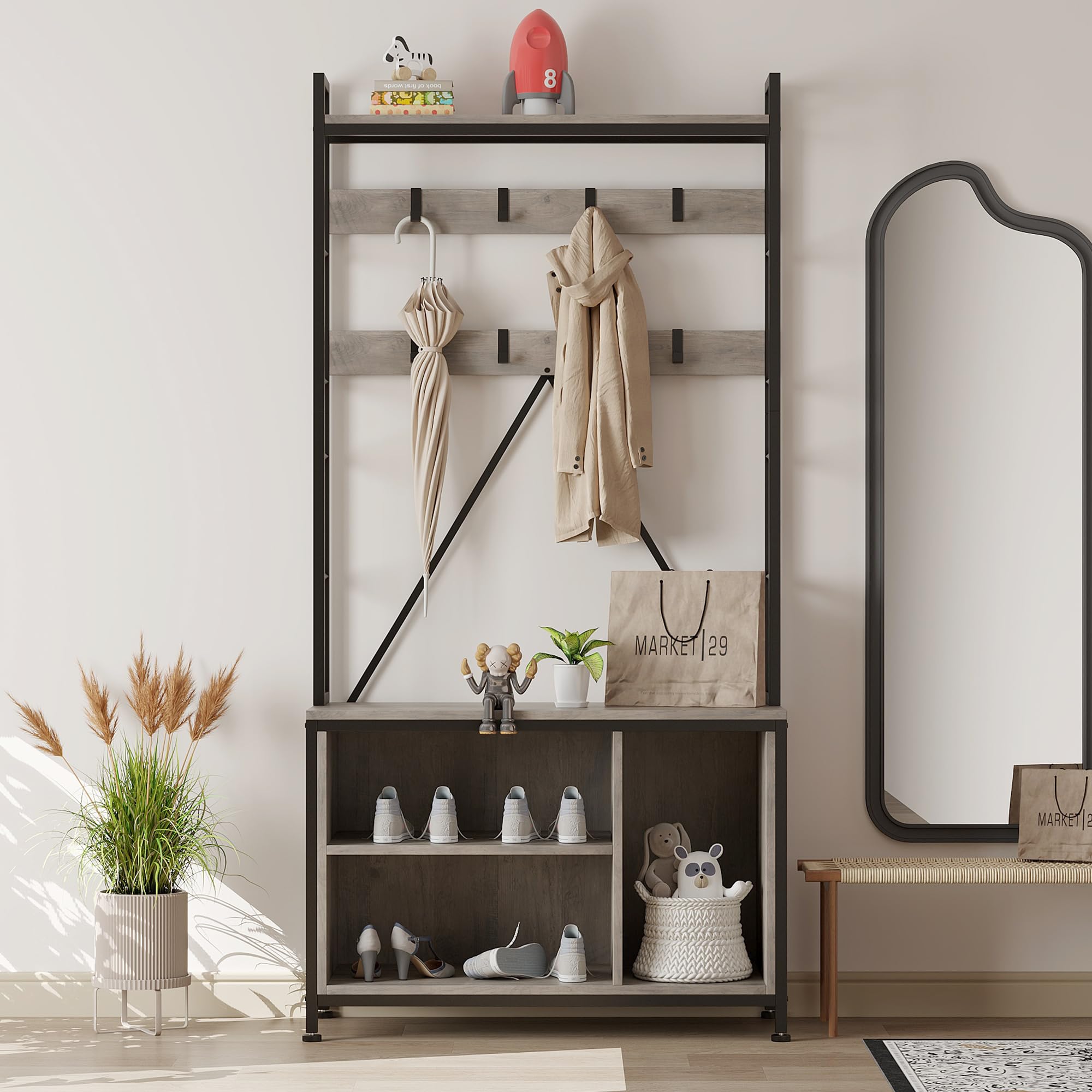 Garvee Perchero Recibidor Con Banco y Zapatero, Mueble Entrada Industrial De Madera y Metal, Organizador Con Estante y Ganchos, Perchero Independiente De Pie Para Entrada y Pasillo, Gris