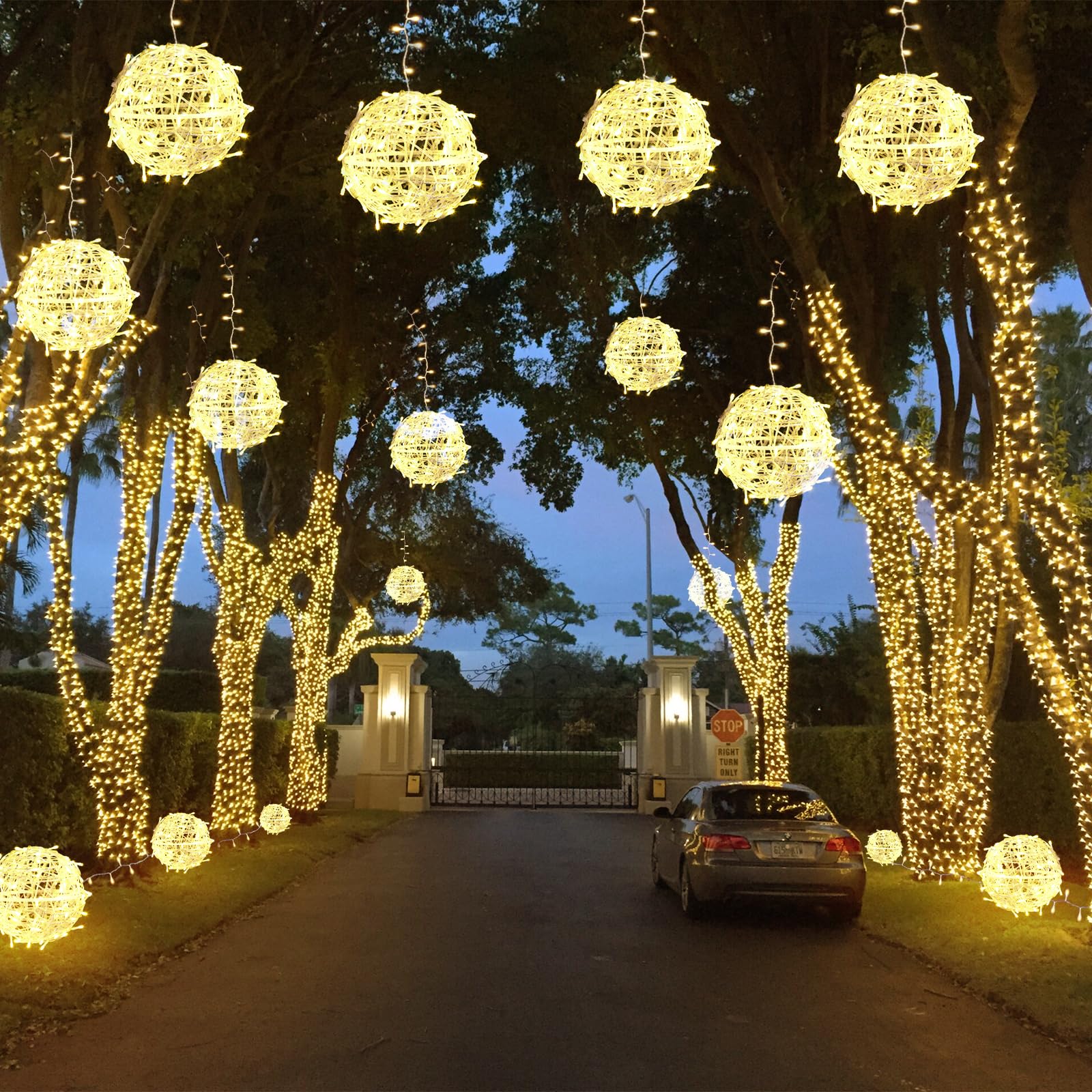 Lichterkette Außen 4 Stück 20cm Große Kugel Weihnachtsbeleuchtung Warmweiß | Globe Lichterkette Weihnachtsbaum mit Fernbedienung Timer, Hängende Leuchtkugel für Party Haus Weihnachtsdeko, Warmweiß