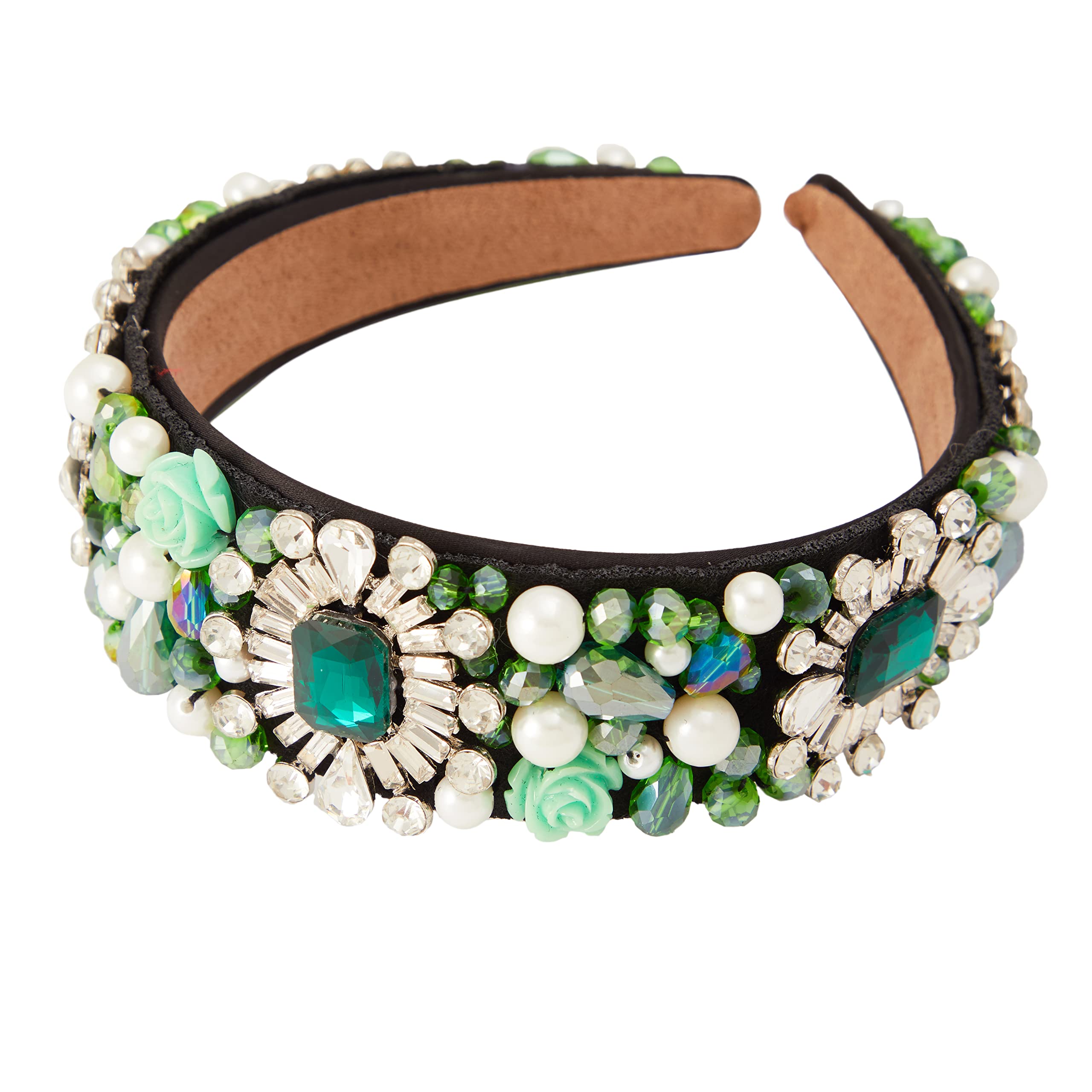 MOONSTONEWide Brim Big Emerald and Pear Rhinestone Crystal Embellished Beaded Fashion Headband Tiara for Girls and Women, Handmade, 40mm, Adjustable Size, Forest Green