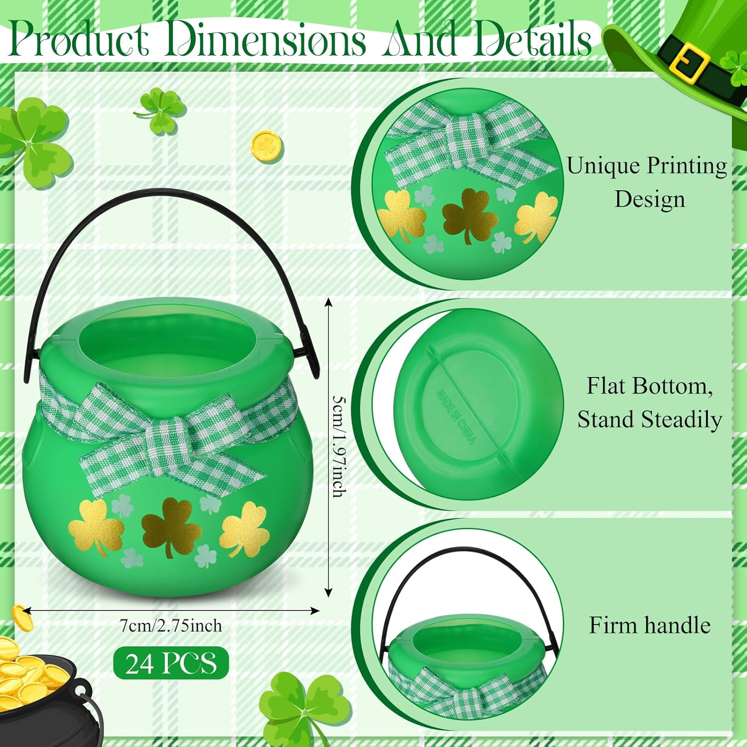265 Pcs St Patrick's Day Mini Cauldrons Set 24 Pot of Gold 240 Gold Green Plastic Small Ornaments Bulk Patricks Pot with Ribbon for St. Patrick Party Favor(Black, Green,Colorful Shamrock)