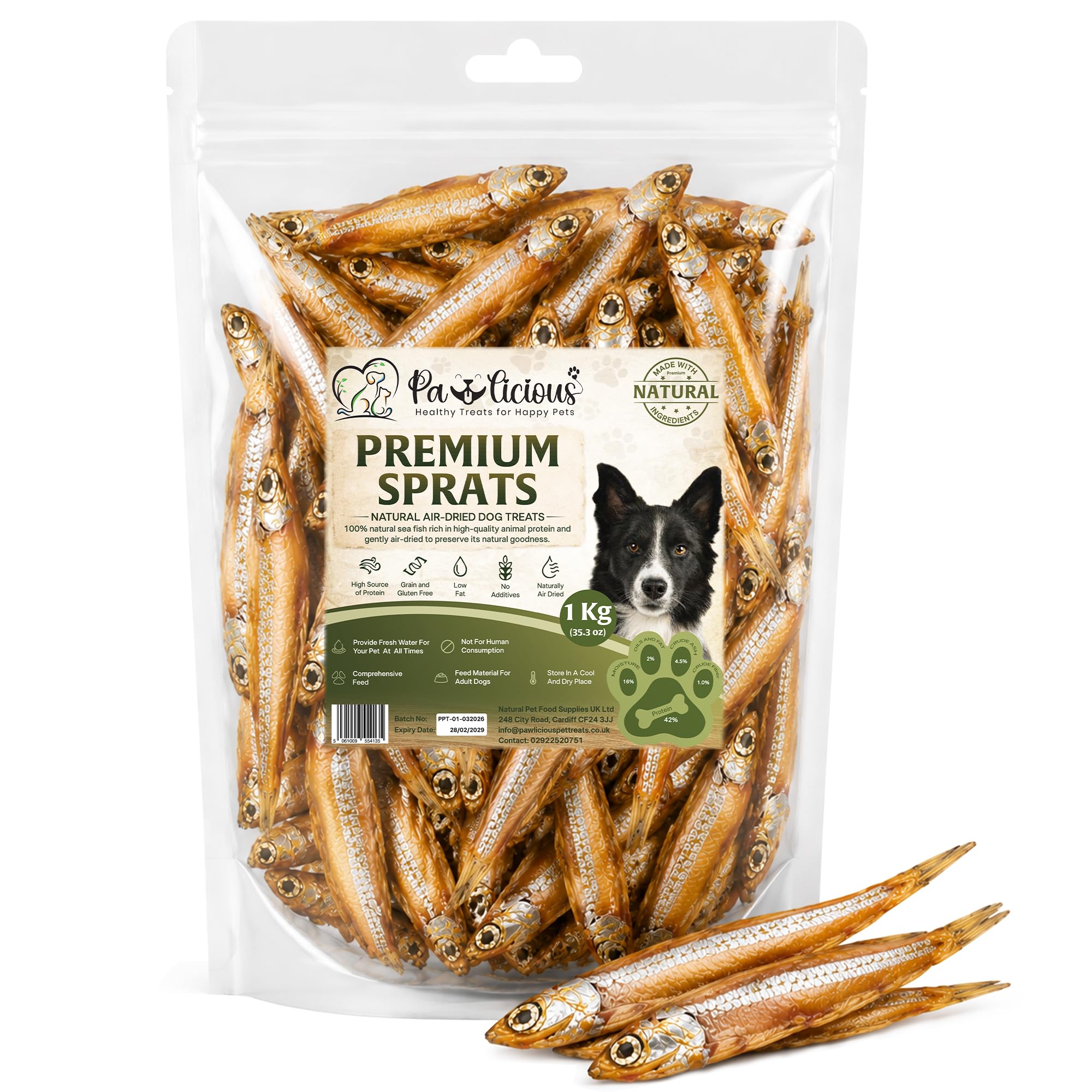 Pawlicious 1Kg Premium Fish Sprats for Dog Treats 100% Natural Air Dried Fish Treat for Dog with Omega 3 Hypoallergenic Cat Food Grain Free Pet Treat Low Fat Dog Snacks Suitable for Cat Puppy